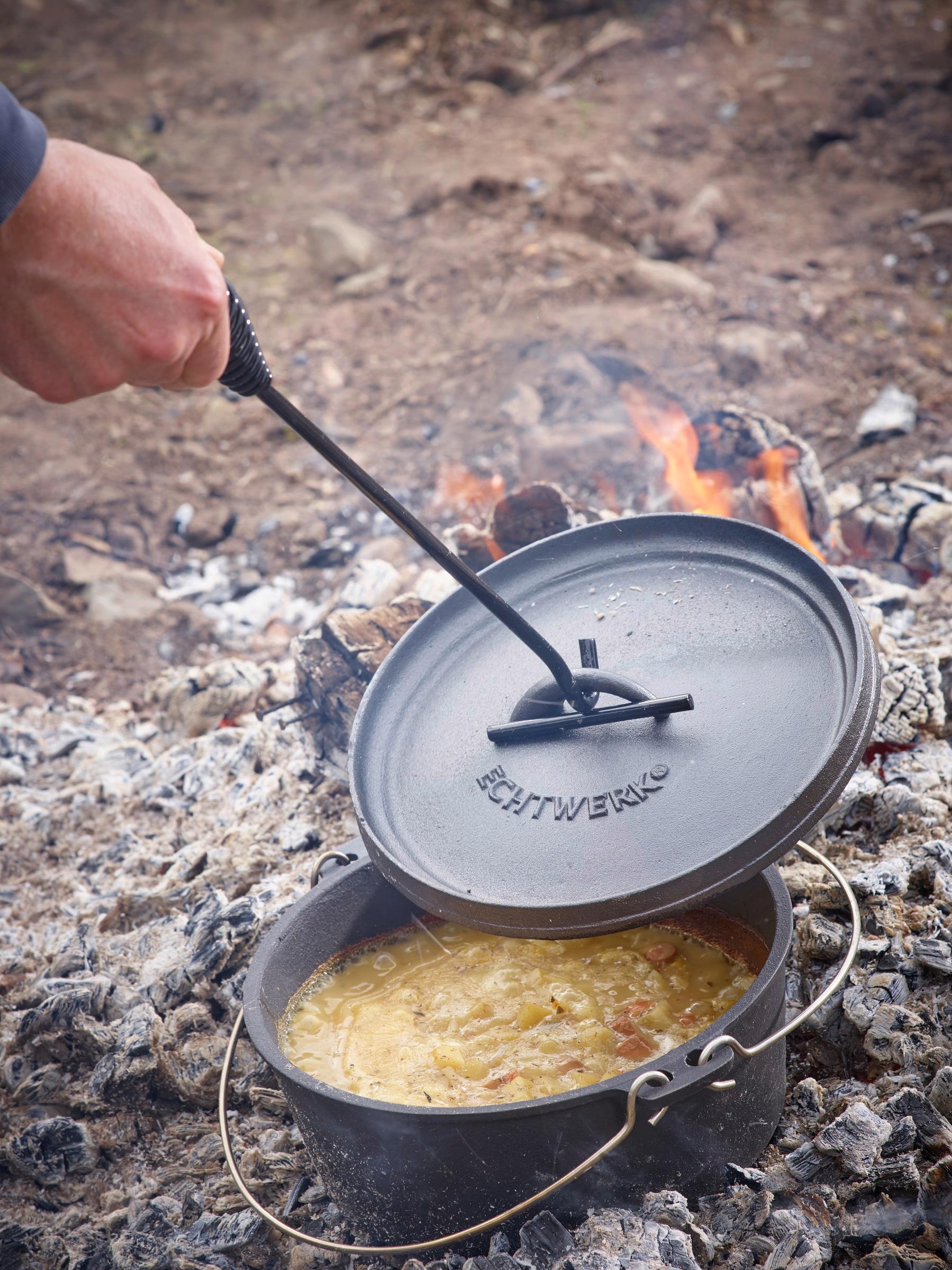 ECHTWERK Topf-Set »Dutch Oven«, Gusseisen, (Set, 7 tlg., Kochtopf, Stieltopf, Pfanne, Grillplatte, Deckelheber, Untersetzer), Gusseisen BBQ Kochtopf-Set, Feuertopf, ofenfest, Holzkiste