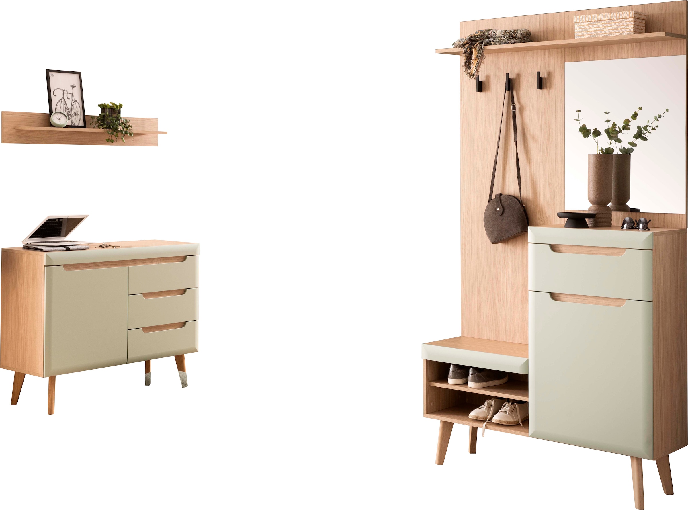 Home affaire Garderoben-Set »Torge, Garderobe mit Stauraum, Garderobenschrank im Scandic Design«, (Set, 3 St.), enthält Sideboard, Garderobe mit Spiegel und Wandboard, in zwei Farben