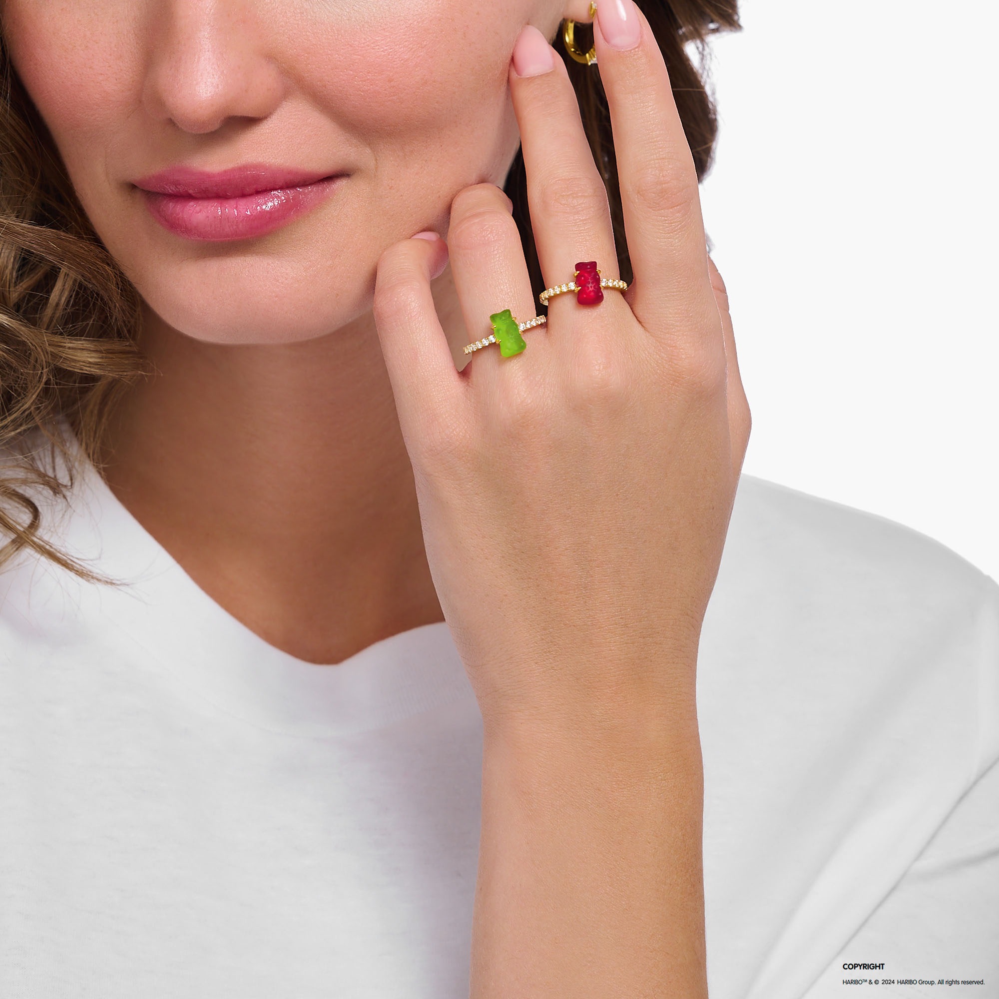 Fingerring THOMAS SABO "THOMAS SABO x HARIBO Schmuck: Ring mit Goldbär" Gr. 58, bunt (gelbgoldfarben, grün, kristallweiß), Fingerringe, Damen, 58, Silber 925 (recycelt), 7mm, Fingerring, mit Kristallglas, Zirkonia (synth.) 2