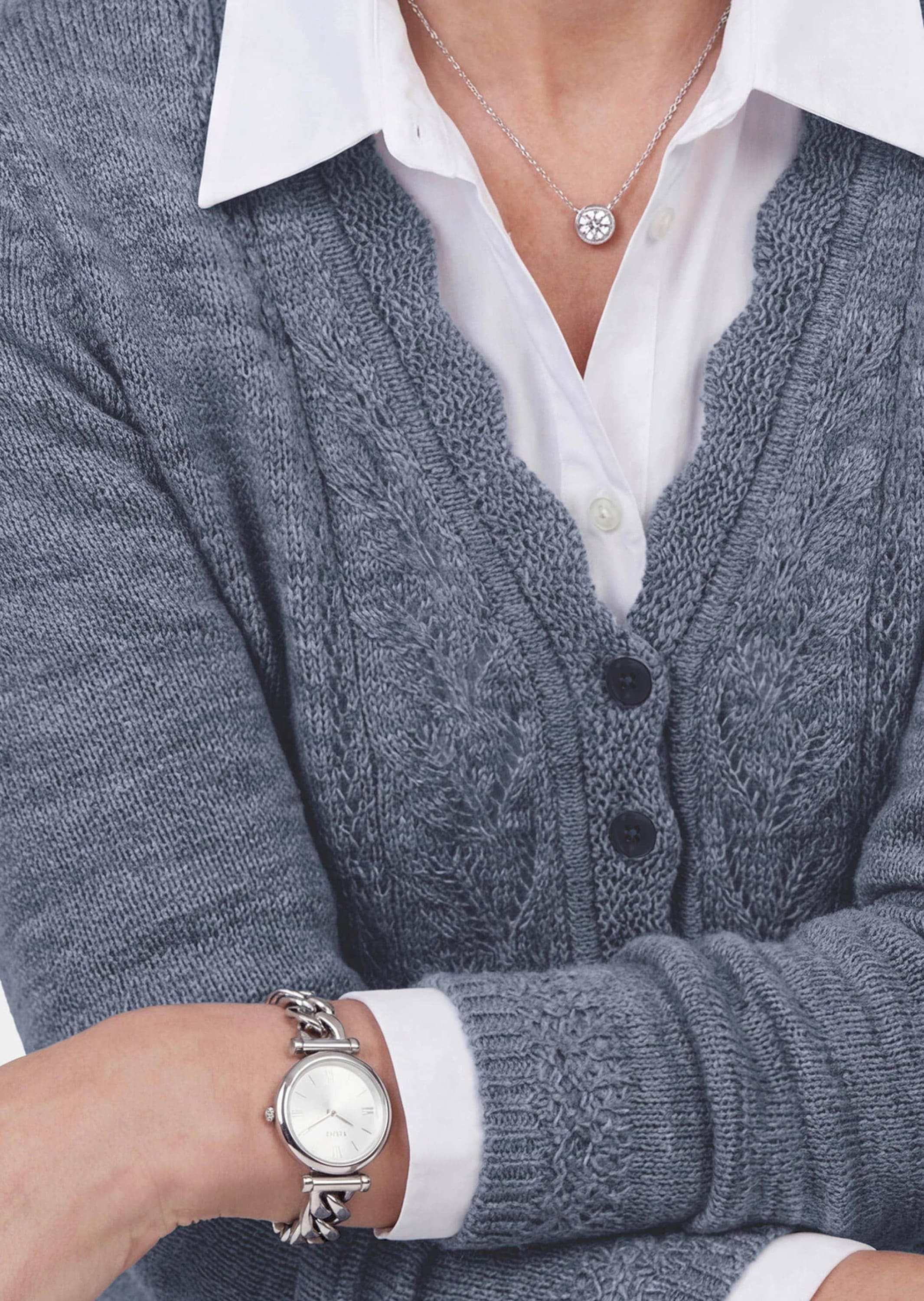 GOLDNER Strickjacke »Kurzgröße Strickcardigan mit Ajourmuster« transparente Ton in Ton Kugelknöpfe