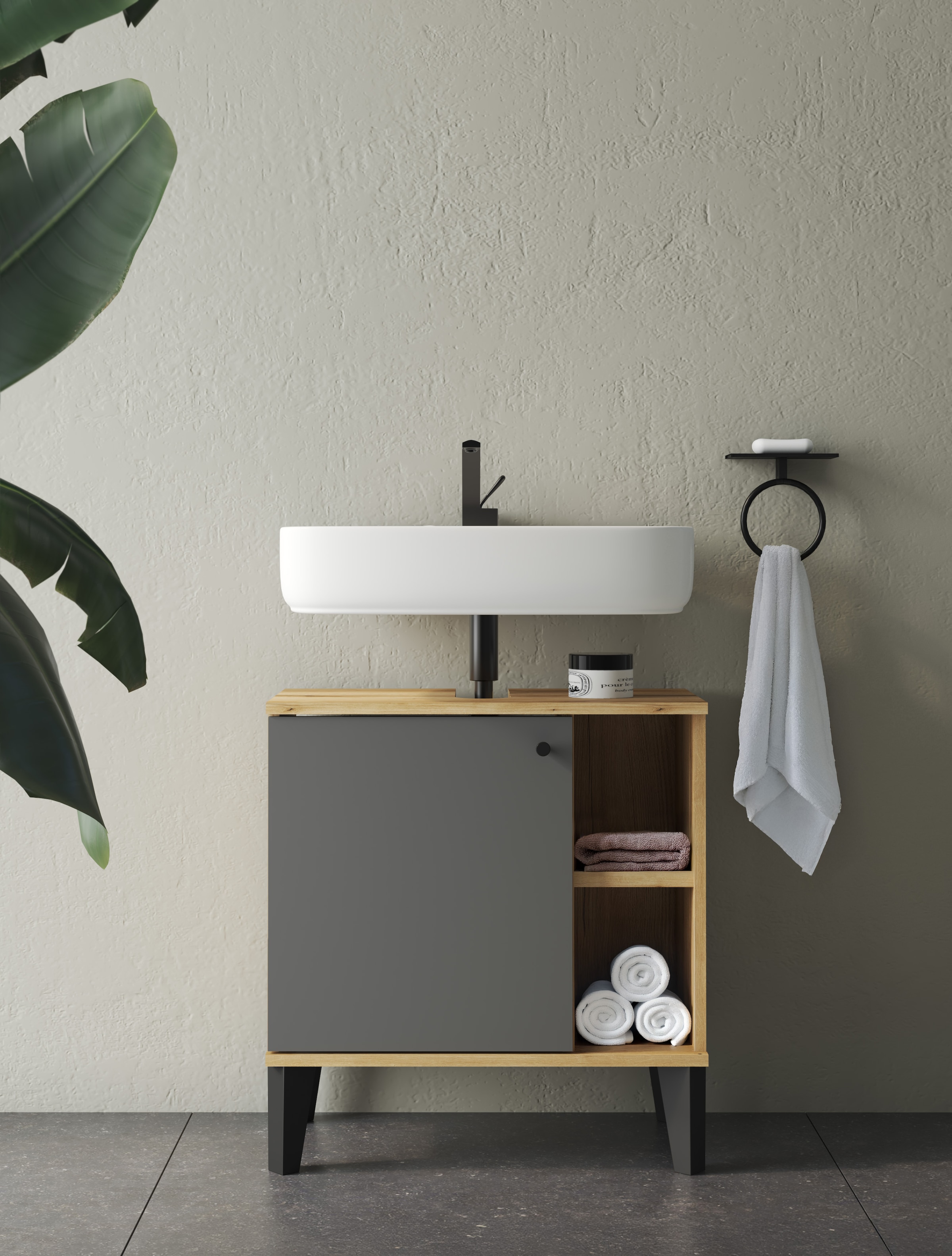 INOSIGN Waschbeckenunterschrank »Oslo, Waschtisch mit Knopfgriff, Badschrank im skandinavischen Design«, in der Türfarbe Weiß oder Grau verfügbar, ausreichend Stauraum