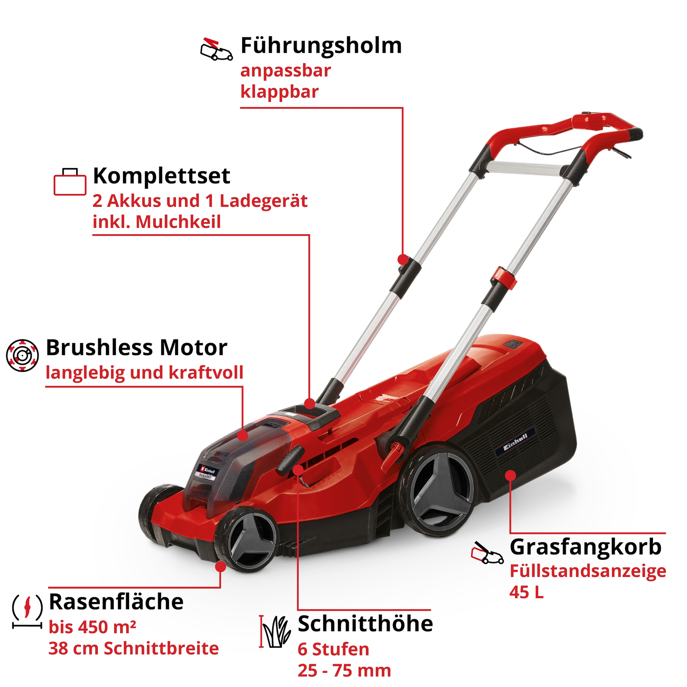 Einhell Akkurasenmäher »RASARRO 36/38 (2x4 Ah)« mit 2 Akkus und Twincharger