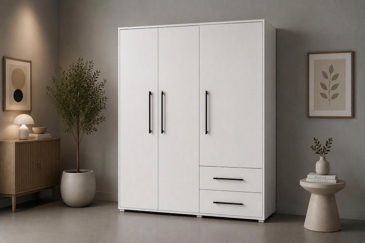 FORTE Kleiderschrank "Mokkaris, Garderobe, zeitloses Design, 3 Türen, Made in Europe" B/H/T ca. 144x200x59cm, Zwei Schubladen, schwarze Stangengriffe, Stauraum, auch in Schwarz