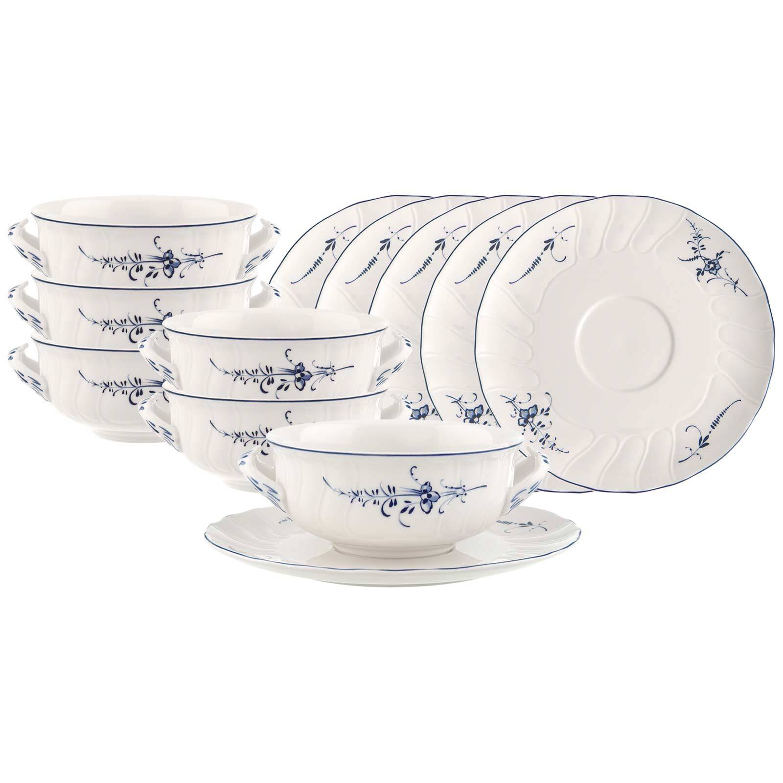Villeroy & Boch Tasse "Suppentassen mit Untertassen Vieux Luxembourg 260 ml 6er Set weiß-blau" Spülmaschinengeeignet, Mikrowellengeeignet