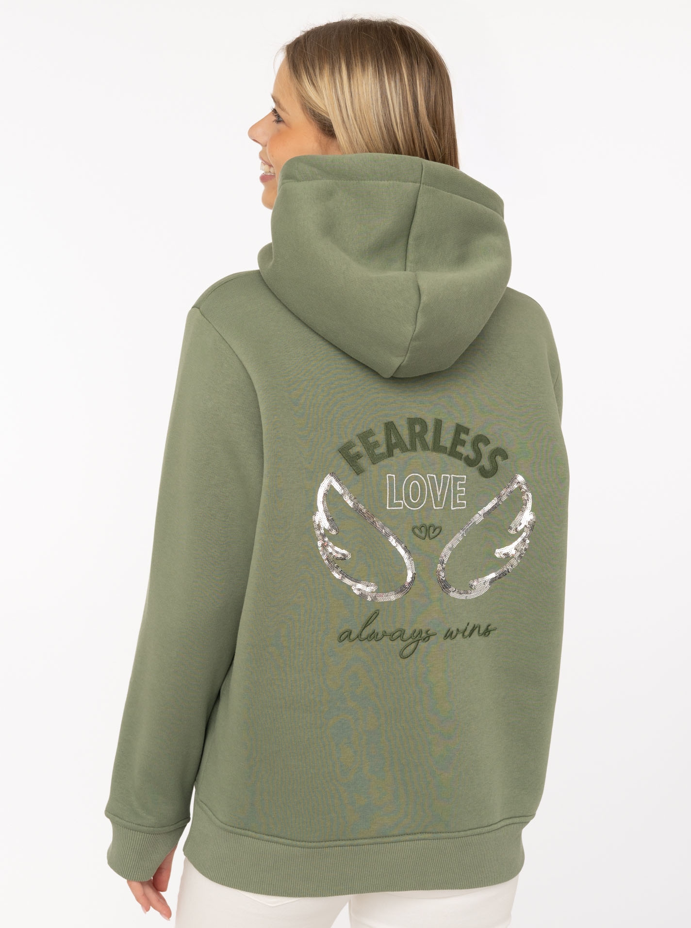 Zwillingsherz Hoodie ""Wings"", glamouröse Stickerei mit Flügeln, Pailletten, glänzende Kordel
