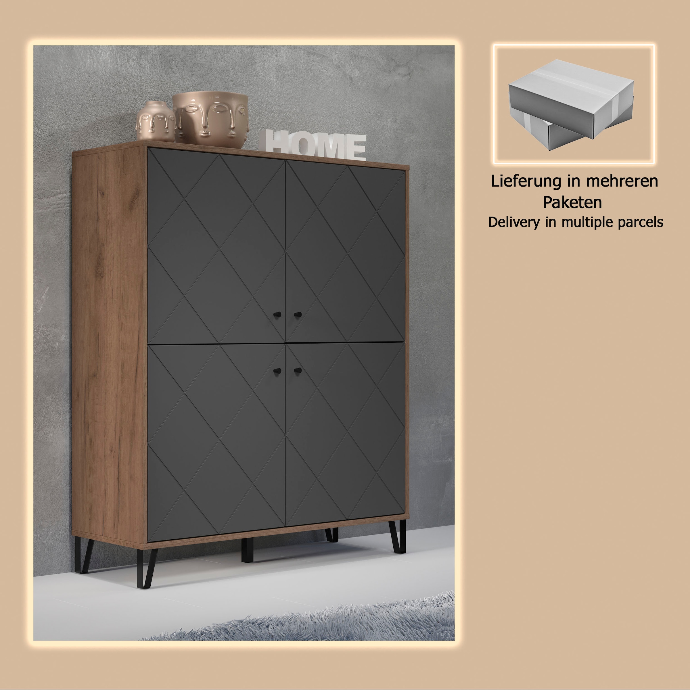 Places of Style Highboard »Molveno«, (1 St.), Highboard mit 4 Türen & Soft-Close - (B/T/H) 123/40/136 cm