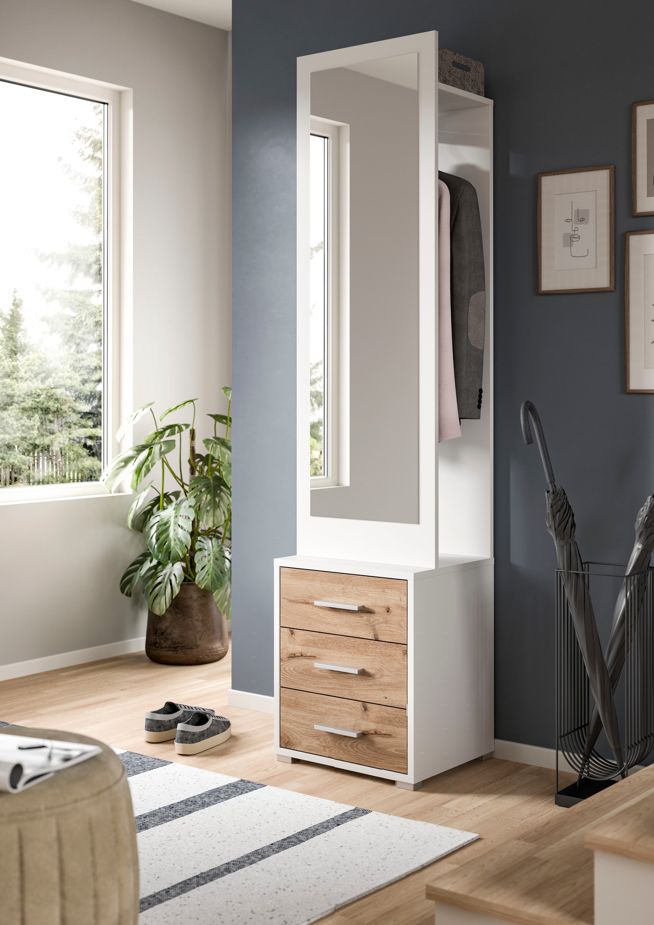 INOSIGN Kompaktgarderobe »Morrea, Höhe 190 cm, 3 Schubkästen, 3 Haken, 1 Kleiderstange«, (1 St.), schmale Garaderobe, Stauraum, Flur, Diele