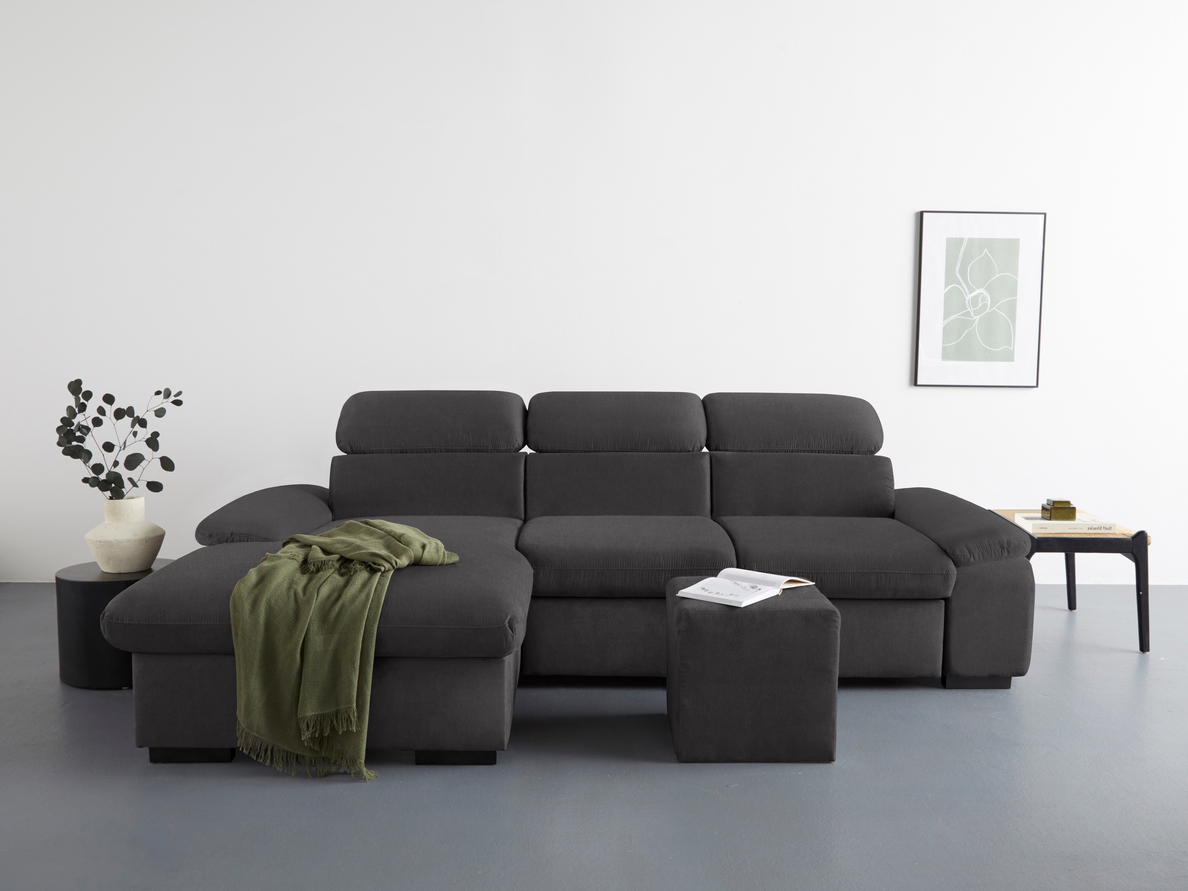 COTTA Ecksofa »Lola L-Form mit Kopfteilfunktion & Hocker«, (Set, mit Hocker), wahlweise mit Bettfunktion, Bettkasten & Armteilverstellung