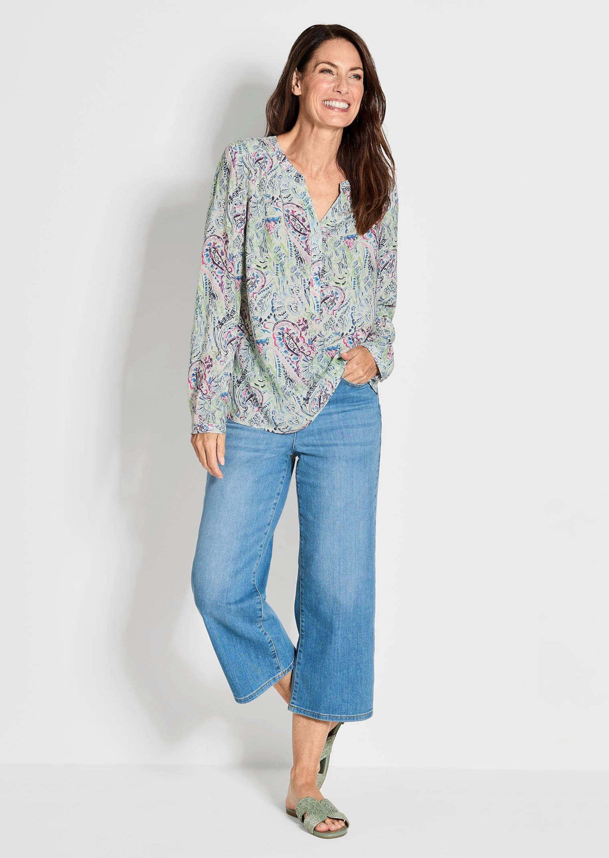 GOLDNER Schlupfbluse "Kurzgröße Langarmbluse mit V-Ausschnitt, Print" günstig online kaufen