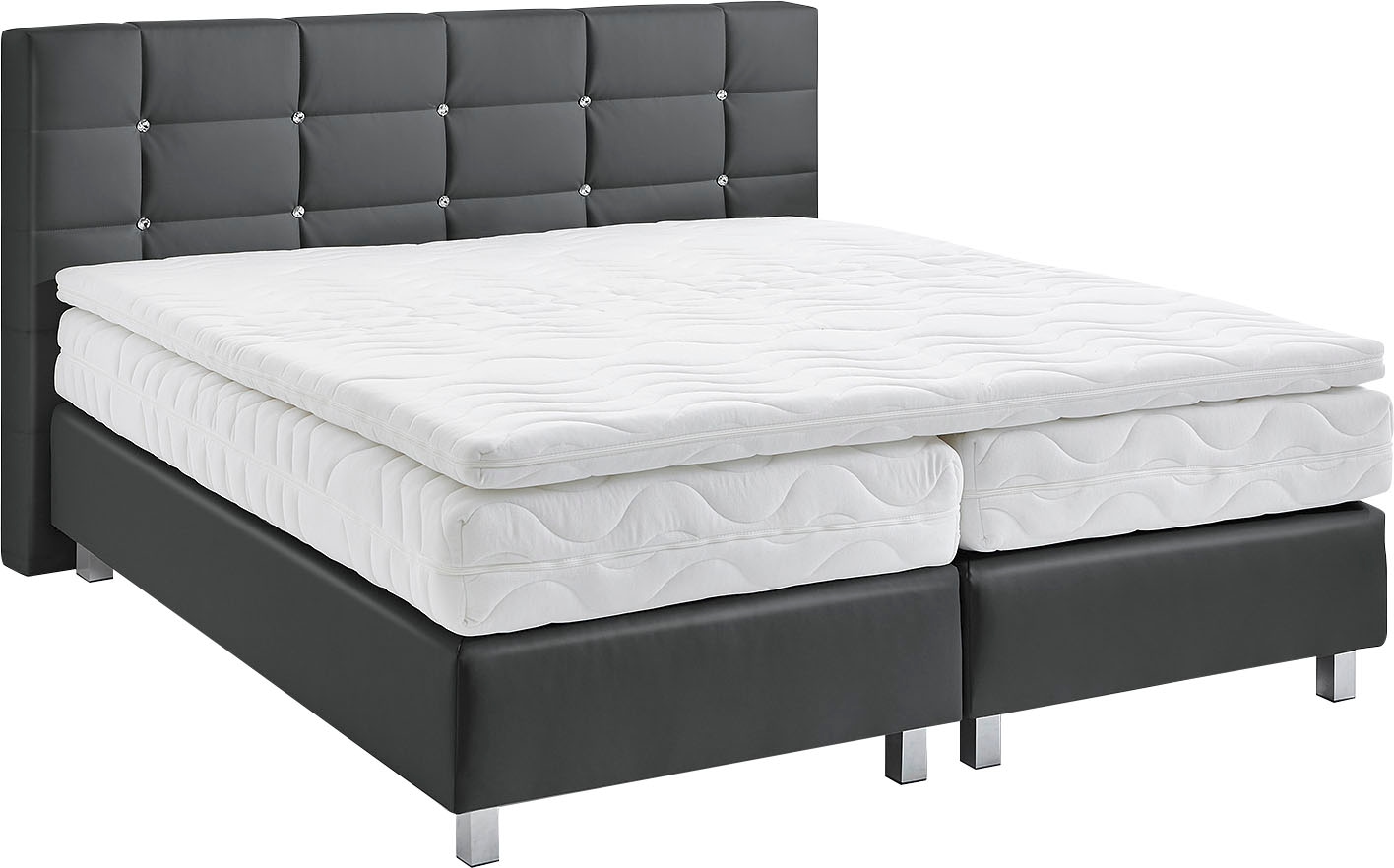 Boxspringbett, grau (anthrazit), B:215cm L:210cm, Bezug: Kunstleder, Polyurethan;Polsterung: 100% Polyester, WESTFALIA SCHLAFKOMFORT, Komplettbetten, Boxspringbett, mit Knöpfen in Kristalloptik, wahlweise mit Topper