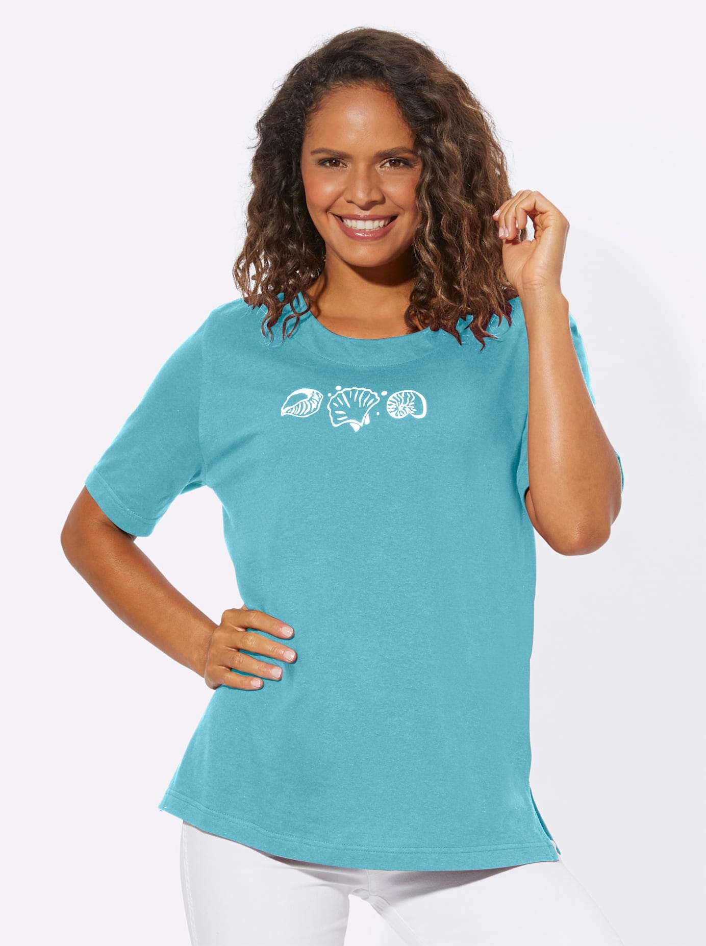 Kurzarmshirt CASUAL LOOKS "Shirt", Damen, Gr. 46, blau (türkis), 100% Baumwolle, bedruckt, gemustert, unifarben, Rundhals, Shirts