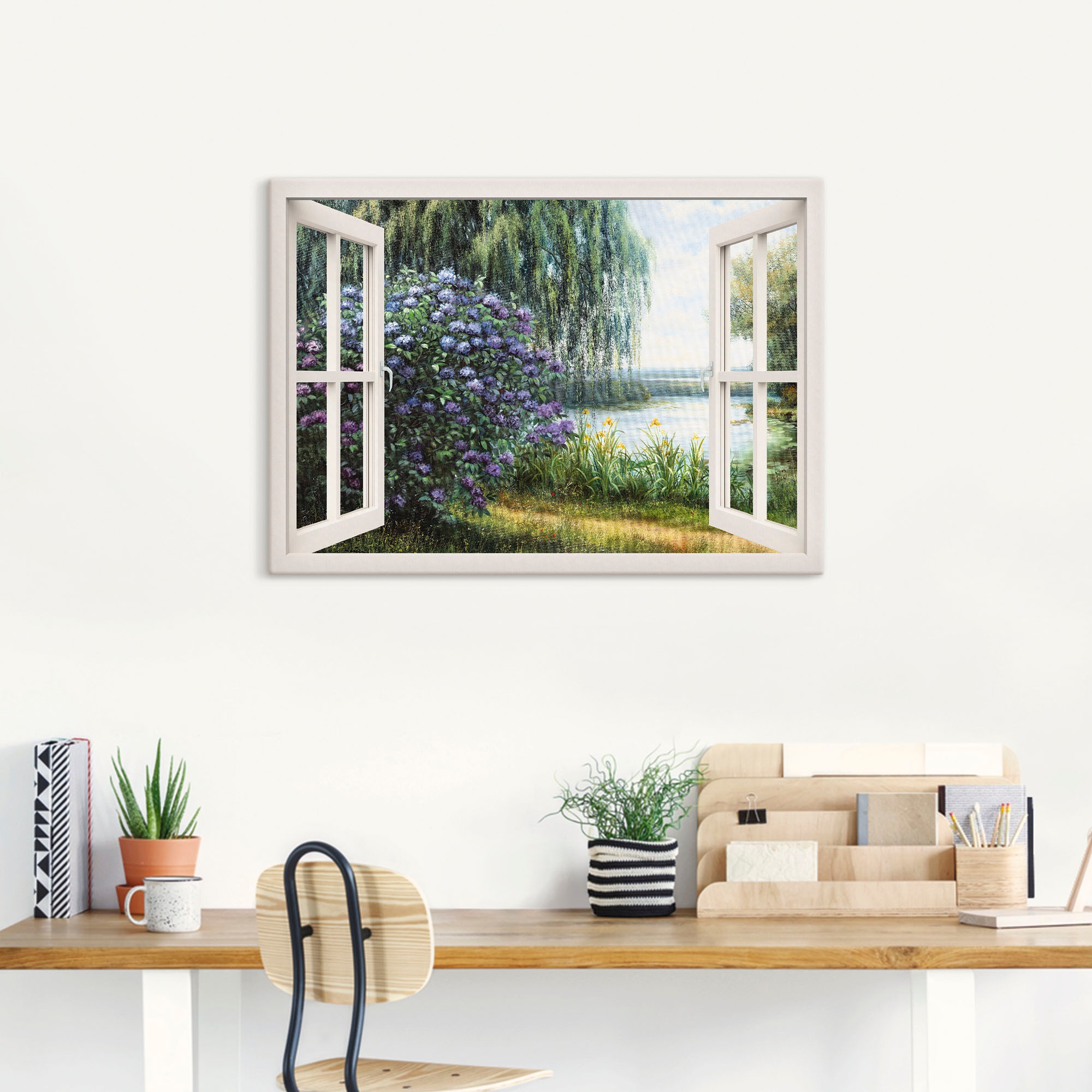 Artland Wandbild "Hortensien am See" Fensterblick 1 Stk. tlg. auf Holzrahme günstig online kaufen