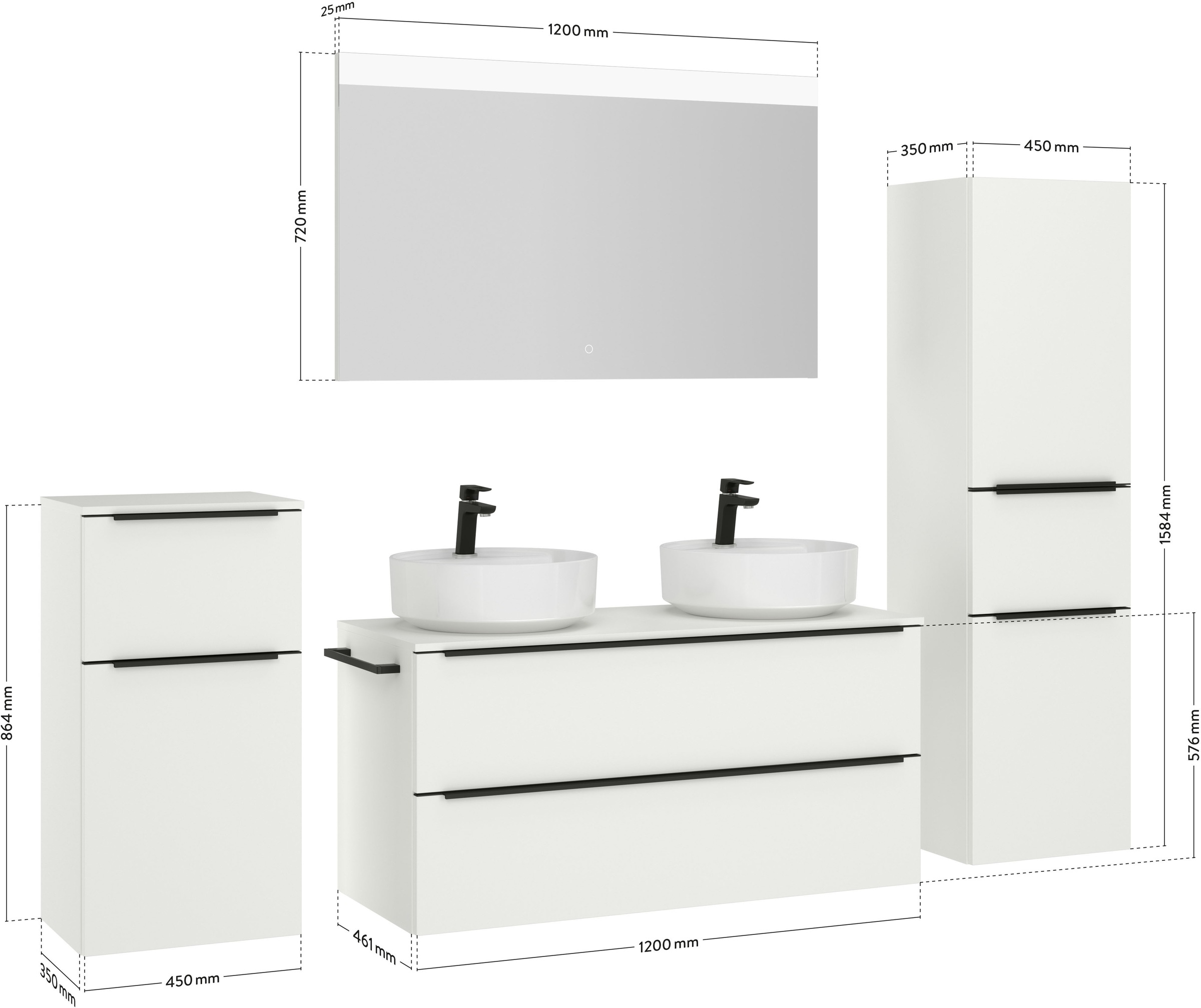 nobilia® Badmöbel-Set »Alvene«, (4 St., vormontiert, mit Soft-Close), inkl. Spiegel mit Touch-Sensor, in vier Breiten