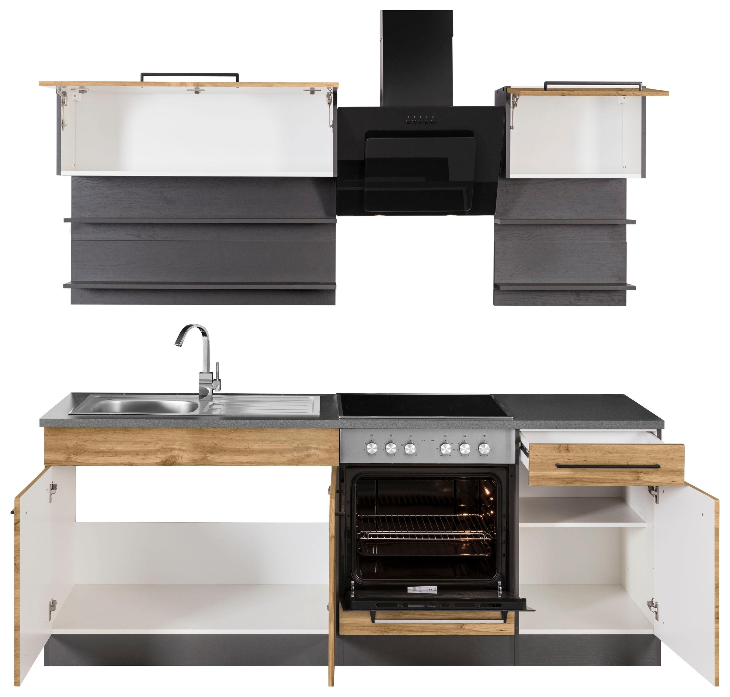 KOCHSTATION Küchenzeile »KS-Tulsa«, Breite 210 cm, schwarze Metallgriffe, hochwertige MDF Fronten