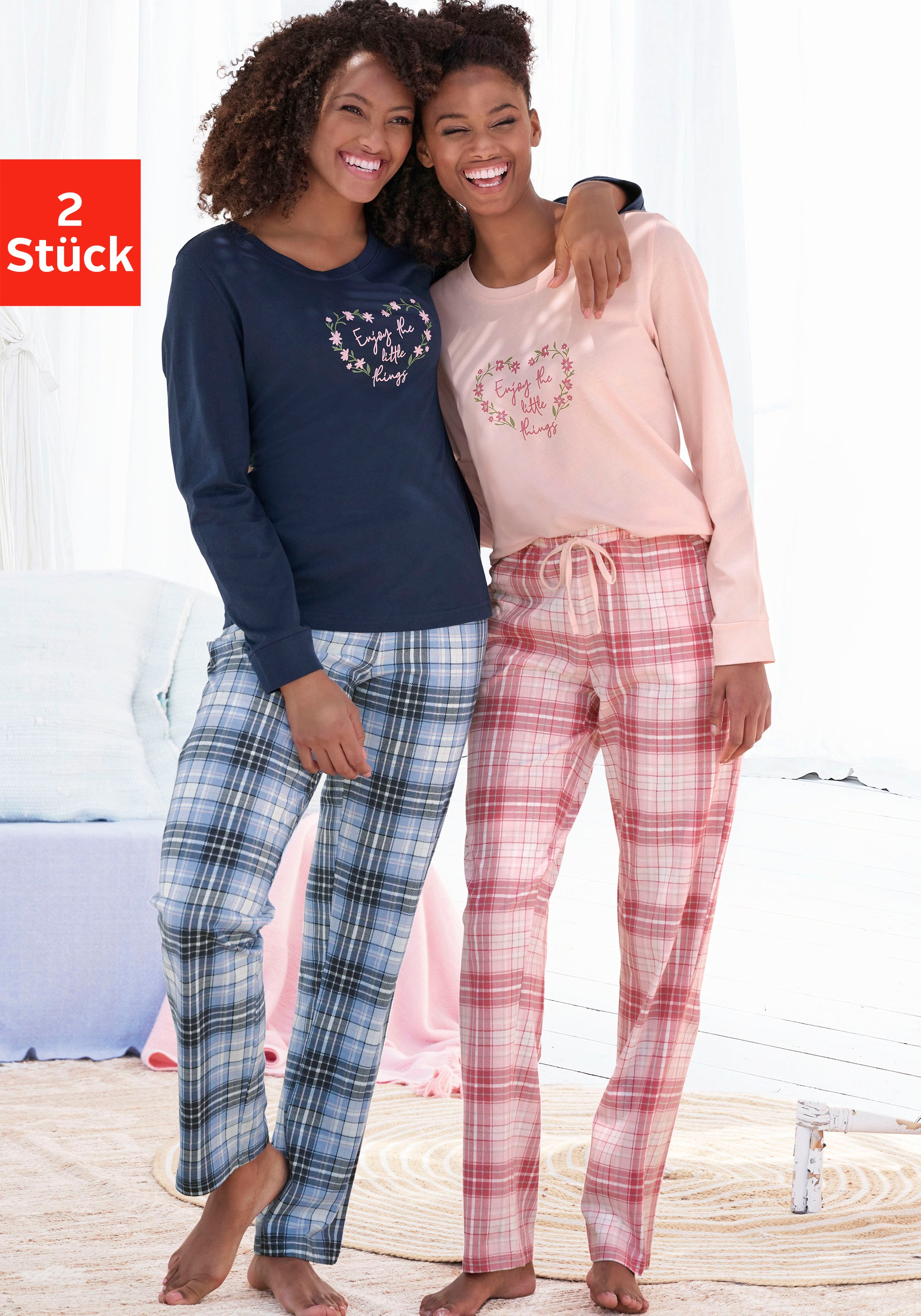 Vivance Dreams Pyjama 2er Pack, 4 tlg. mit Karo- und Blumendruck im Doppelp günstig online kaufen