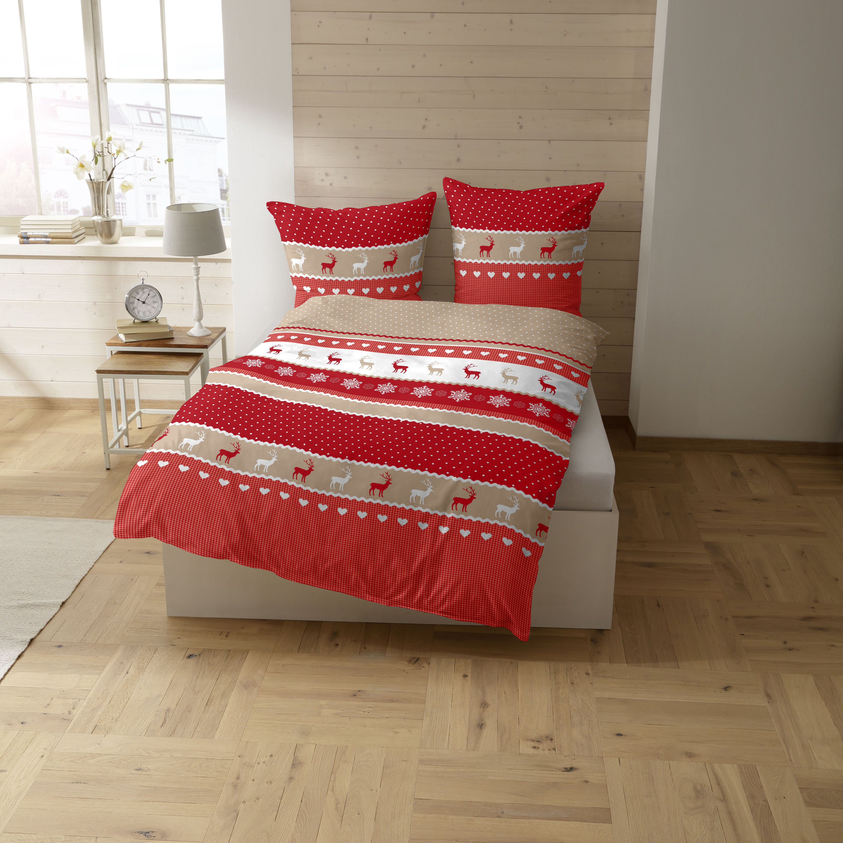 Thumbnail - CASATEX Bettwäsche "Garmisch" 2 Stk. tlg. schöne Hirschmotive, Herzen und Schneekristallen
