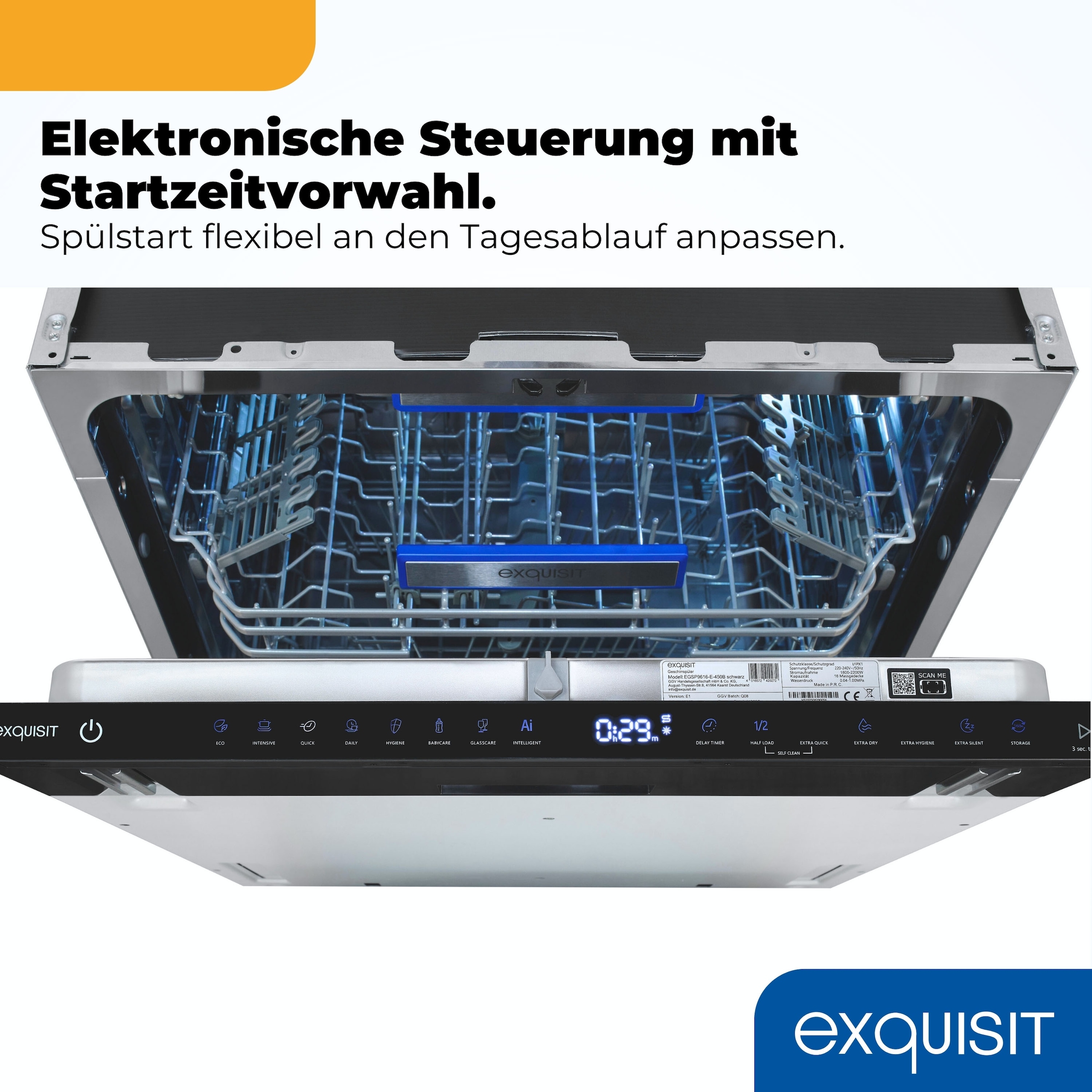 exquisit vollintegrierbarer Geschirrspüler 9616 »EGSP9616-E-450B schwarz« 10,9 l 16 tlg. Maßgedecke 16 Maßgedecke & flüsterleise 42 dB – stark und angenehm ruhig