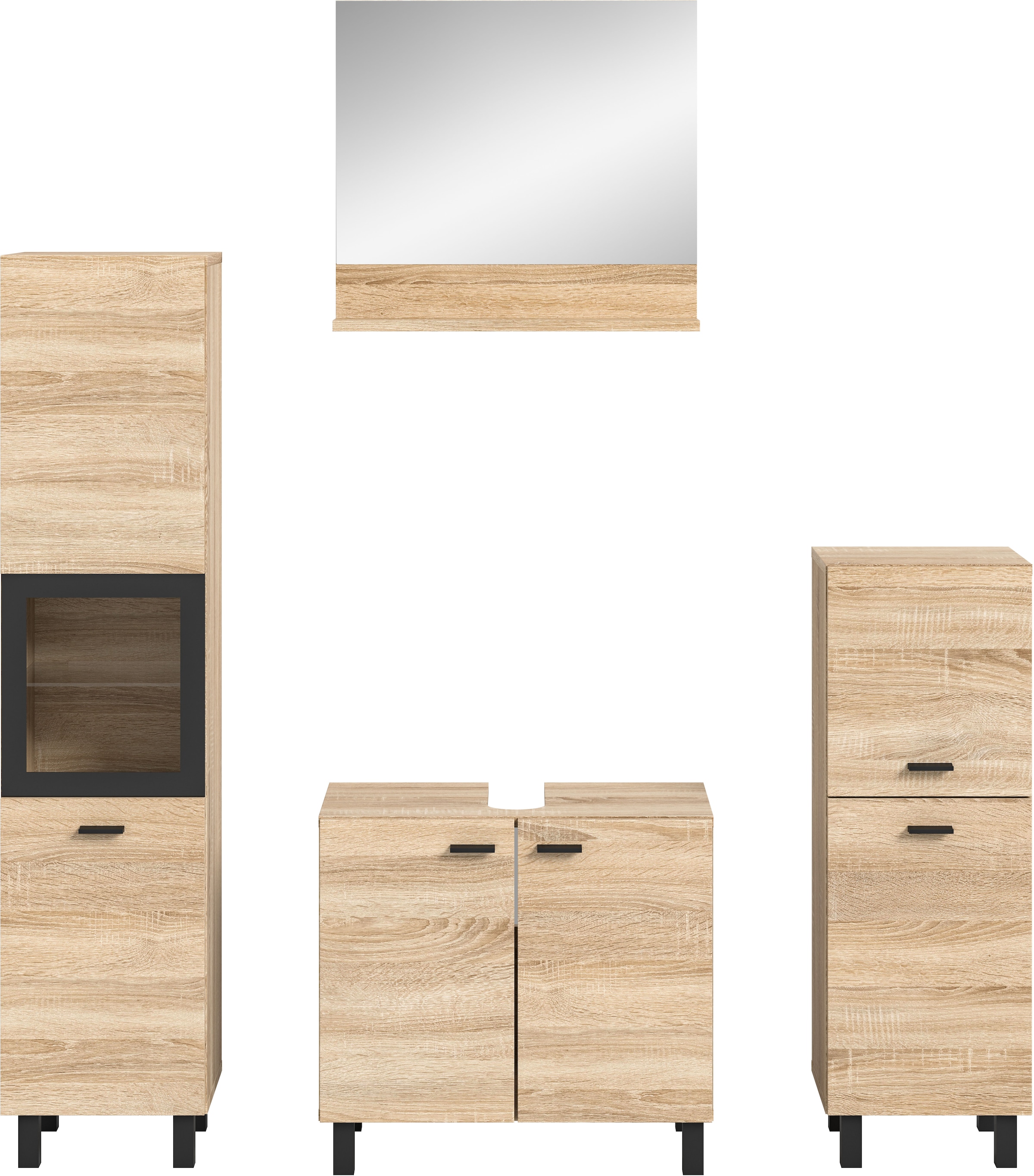 welltime Badmöbel-Set »Tampa, Breite 137cm, 4-teilig«, (4 St.), Waschbeckenunterschrank, Spiegel, Hochschrank, Midischrank