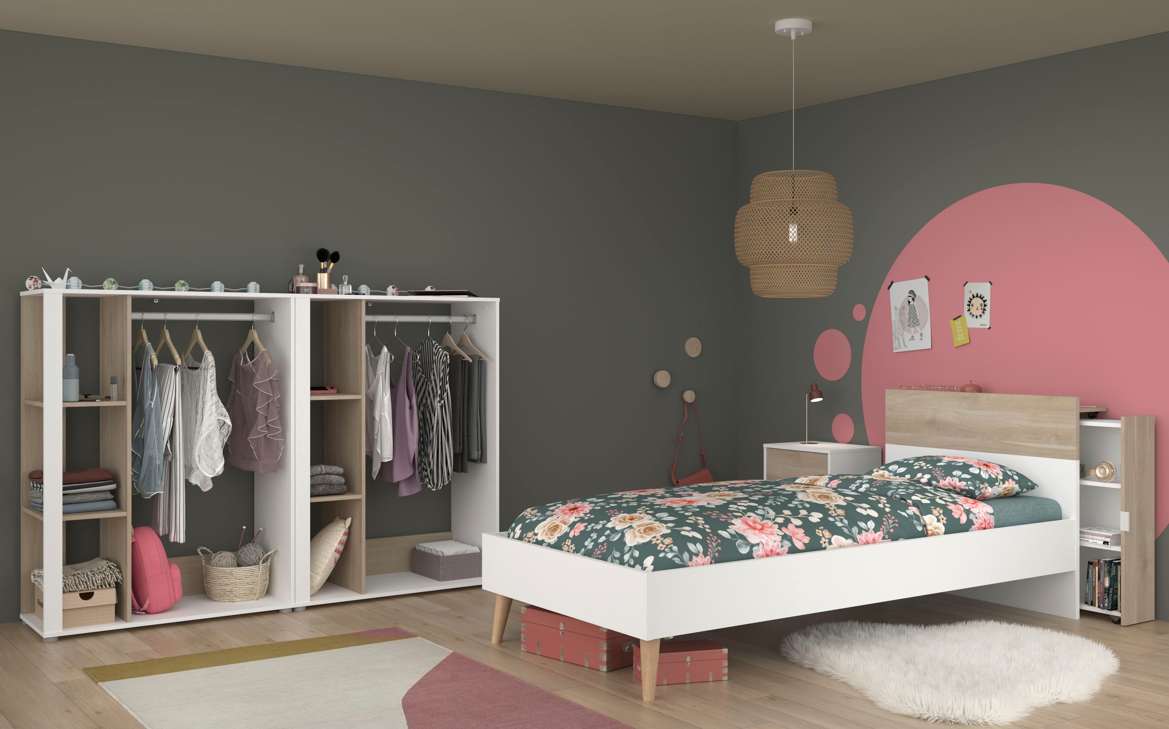 Parisot Jugendzimmer-Set »Parisot Aalborg 6«, (Set, 4 tlg.), offene Regale als Kleiderschrank mit Keiderstange und Stauraumfächern