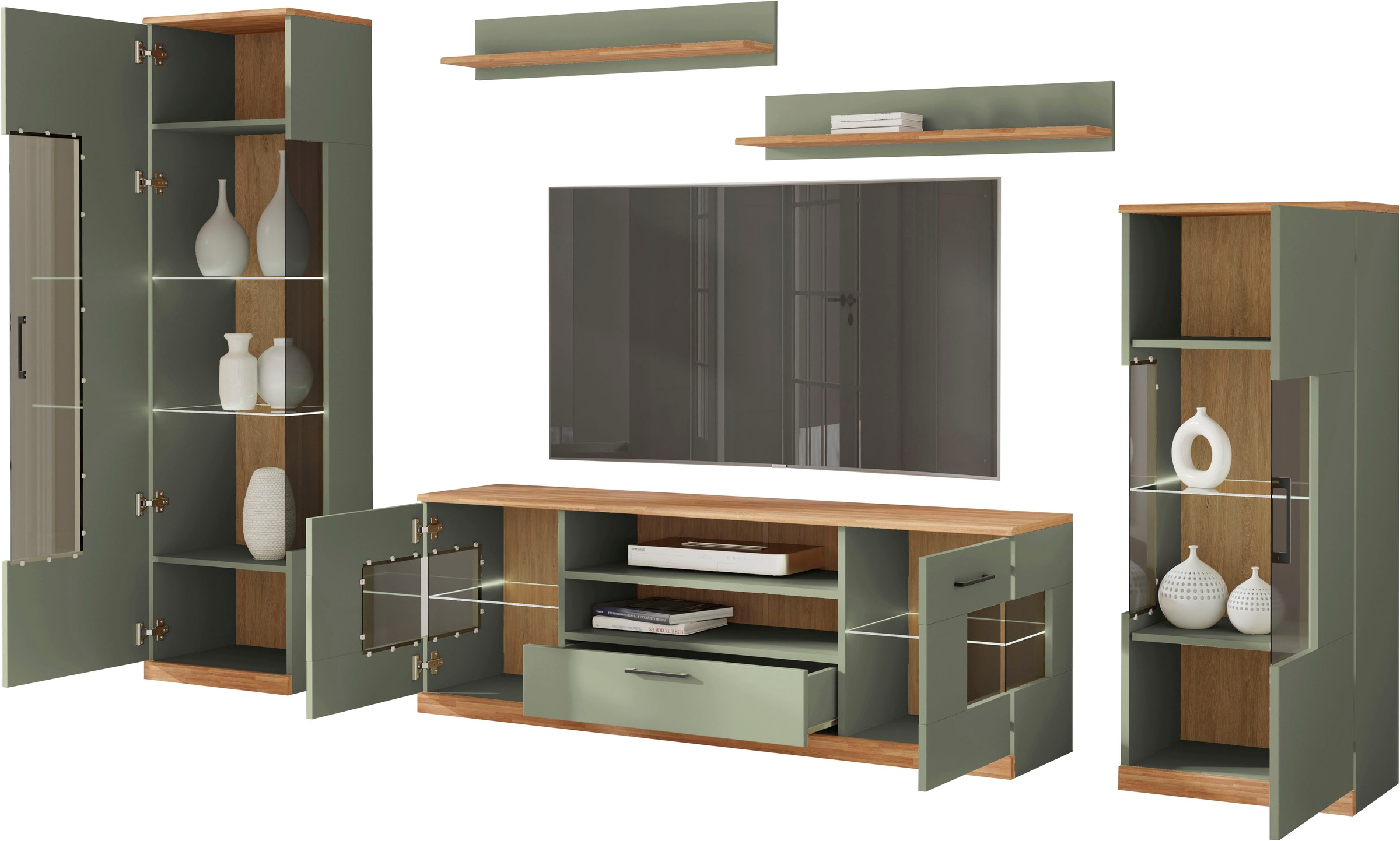 Thumbnail - OTTO home Wohnwand "Ribe,Set-5 St.,Oberplatten Eiche massiv,viel Stauraum" 5 Stk. tlg.