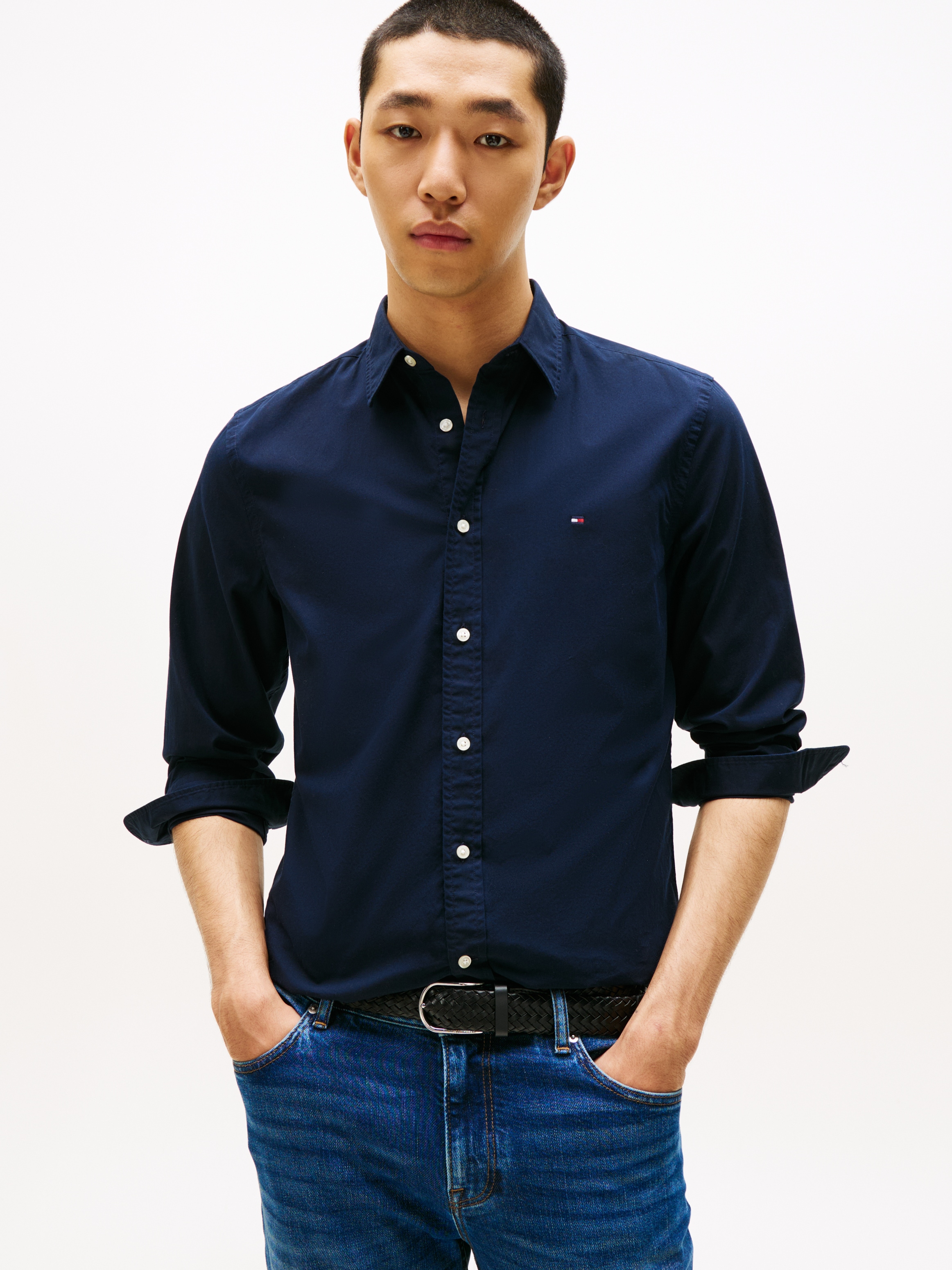 Tommy Hilfiger Langarmhemd "FLEX POPLIN SHIRT" Slim Fit, Kentkragen, Baumwollqualität
