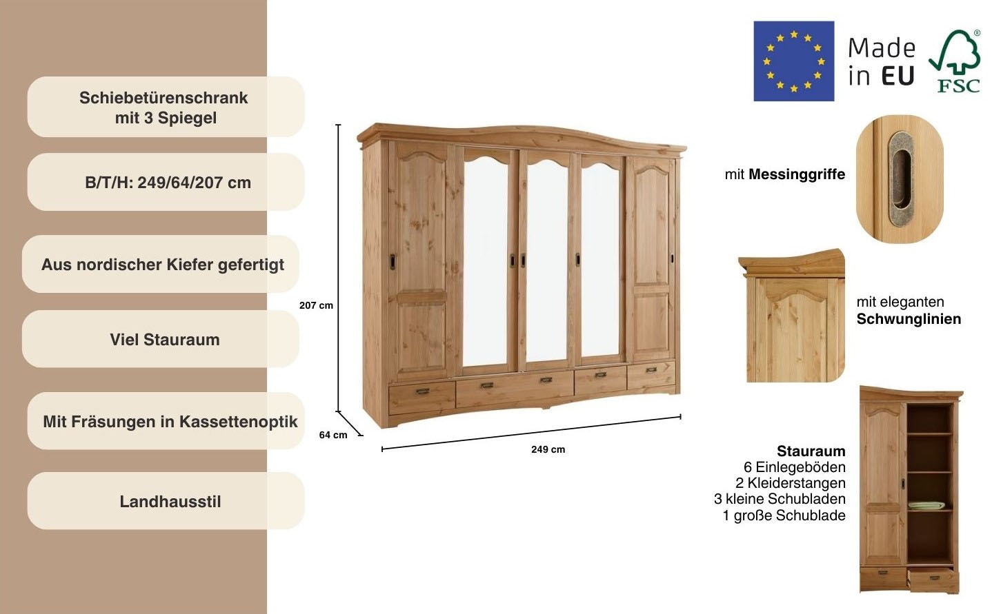 Home affaire Schiebetürenschrank »Konrad, Landhausstil, rustikal, mit Schubladen + Spiegel, Kassetten«, (3 Breiten: 153/202/249 cm H/T ca.207/64 cm), massive Kiefer, FSC®-zertifiziert, Messinggriffe, mehrere Varianten