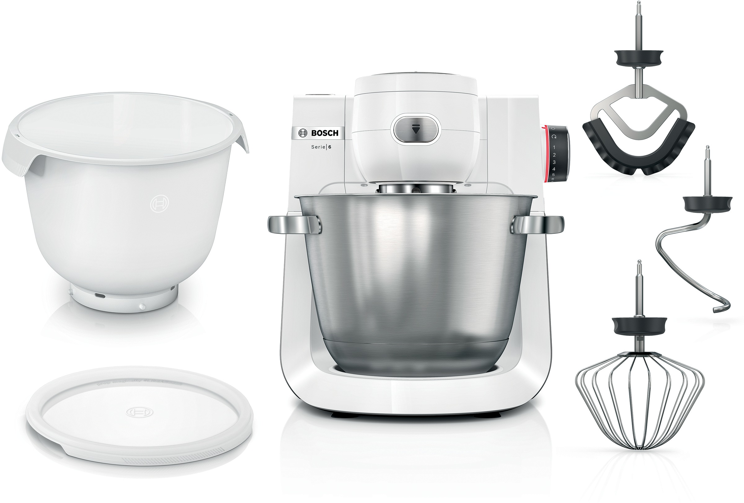 BOSCH Küchenmaschine "Serie 6 MUMS6EW18, für schwere und große Teigmengen, made in EU" 2 XL-Schüsseln (Edelstahl, Kunststoff), Patisserie-Set, weiß