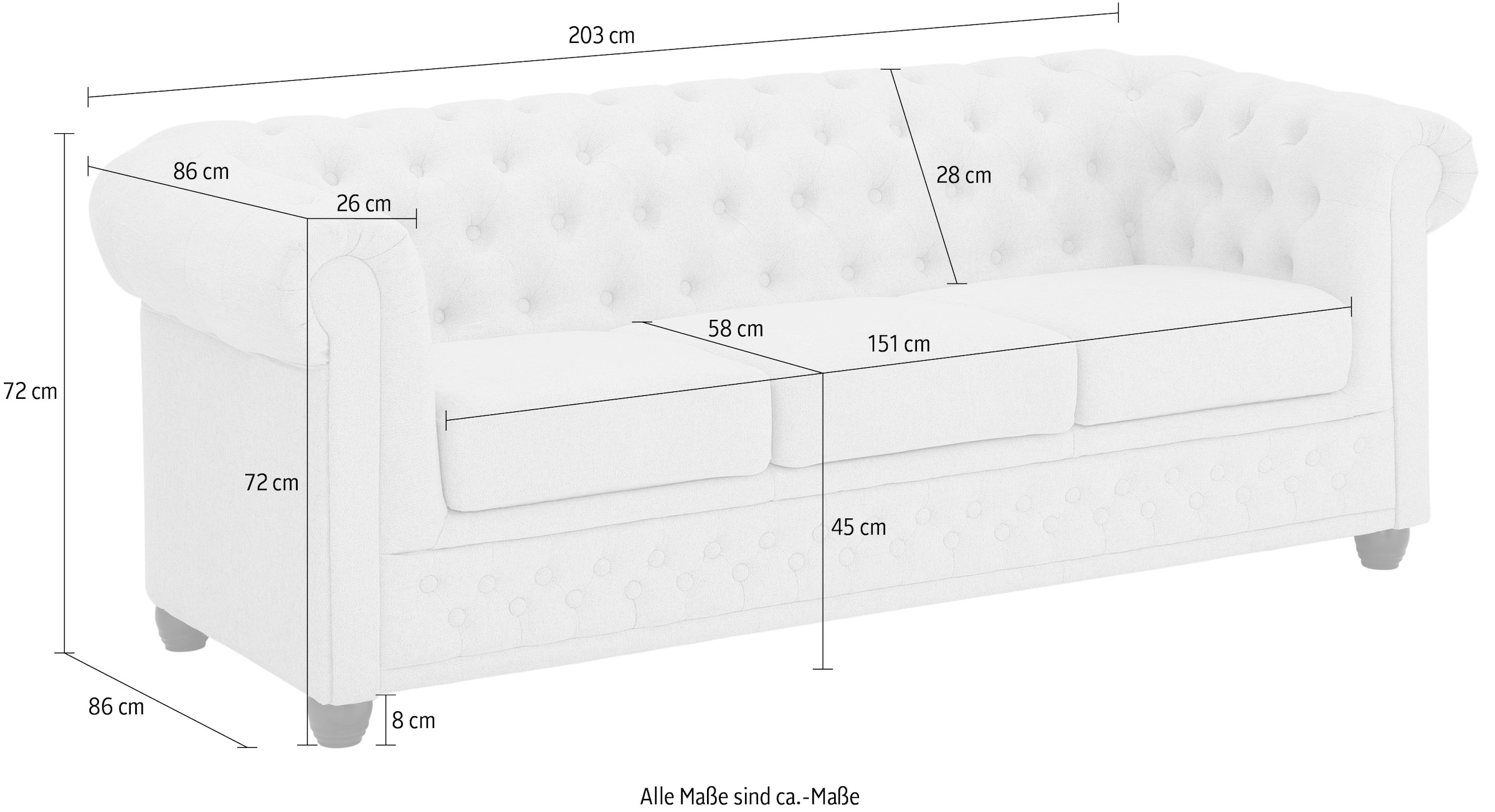 Home affaire Chesterfield-Sofa »New Castle«, mit hochwertiger Knopfheftung in Chesterfield-Design, B/T/H: 203/86/72