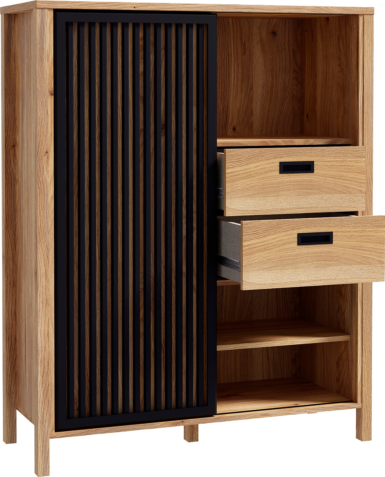 FORTE Highboard »Jytana«, Breite 103,4 cm, Schiebetüre mit Lamellenoptik, Mauvella Eiche/Schwarz