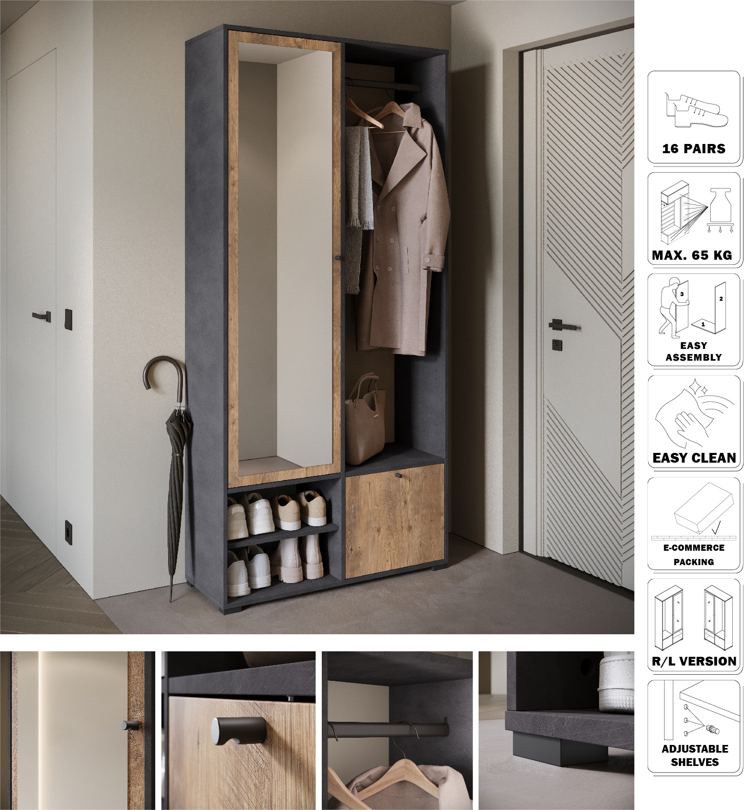 INOSIGN Garderobenschrank »DINO Kompaktgarderobe, Garderoben-Set DINO«, Mit Spiegel und Kleiderstange, 90 cm breit, Türanschlag wechselbar