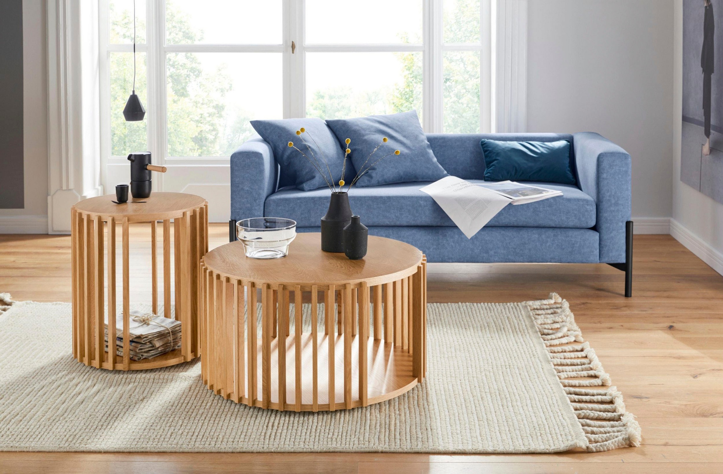Woodman Couchtisch »Drum, Breite/Tiefe/Höhe: 83/83/42 cm«, Holzfurnier aus Eiche, Sproßen aus massiver Eiche