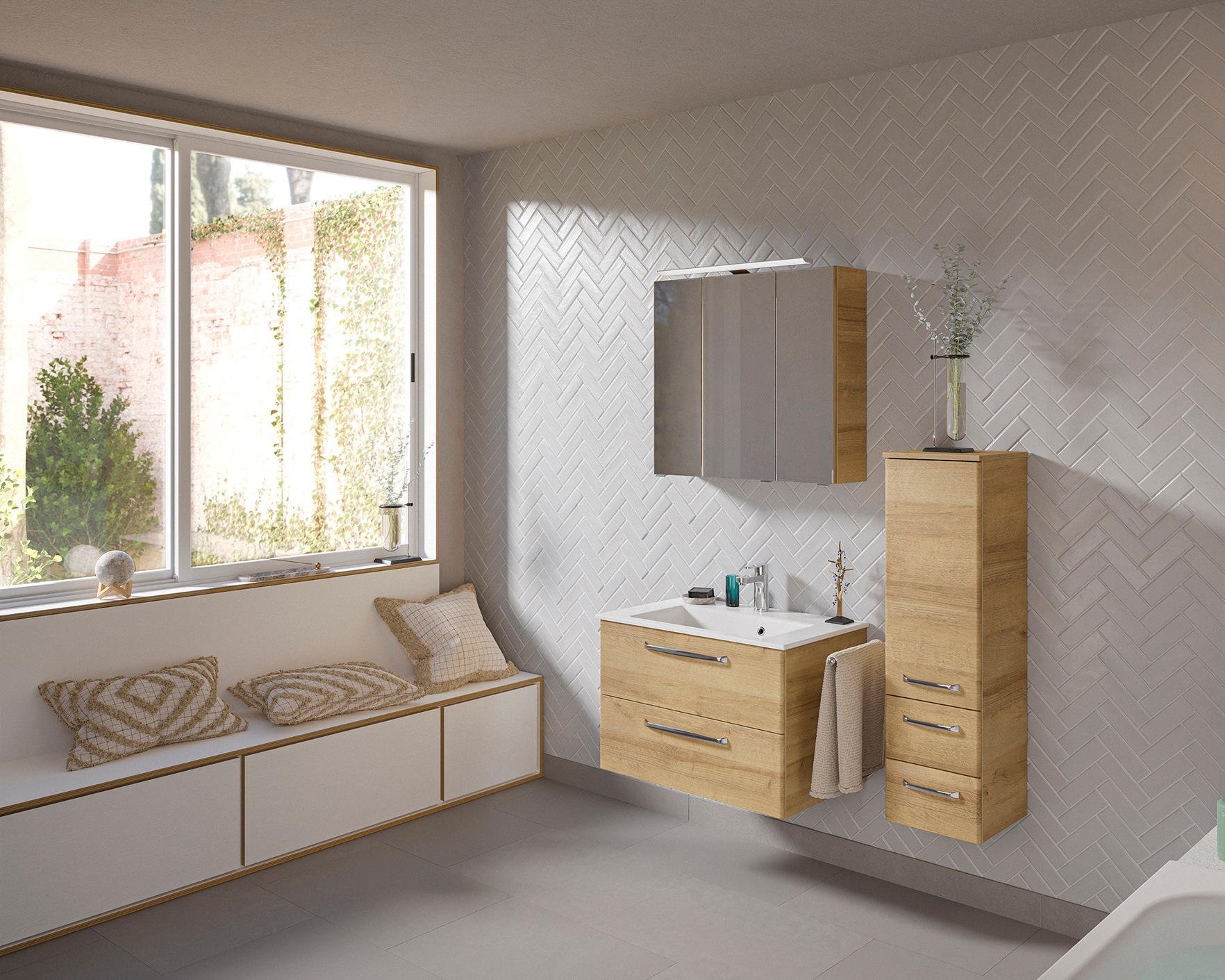 Saphir Badmöbel-Set »Badmöbel-Set Trentino 3-tlg Mineralmarmorwaschtisch,LED-Spiegelschrank«, (4 St.), Badezimmer-Set mit Midischrank inkl. Türdämpfer