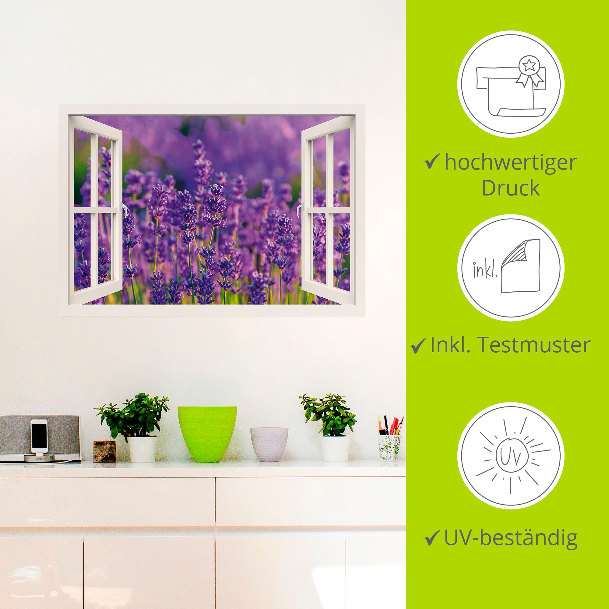 Artland Wandbild »Fensterblick Lavendelfeld in Tihany«, Blumenwiese, (1 St.), als Leinwandbild, Wandaufkleber in verschied. Größen