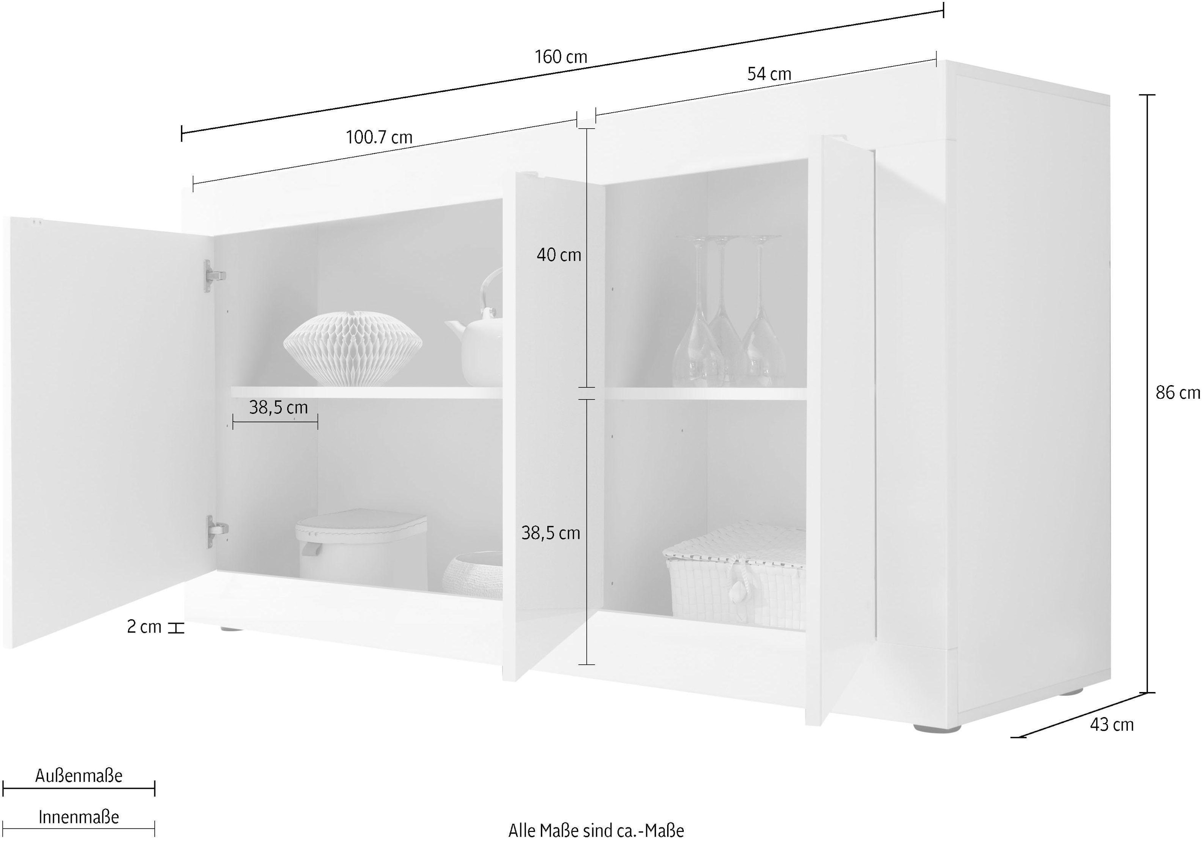 INOSIGN Sideboard »Basic Breite 160 cm, Kommode 3 Türen, Anrichte,«, Metallgriff, moderne Rahmenoptik, viel Stauraum, Farbauswahl