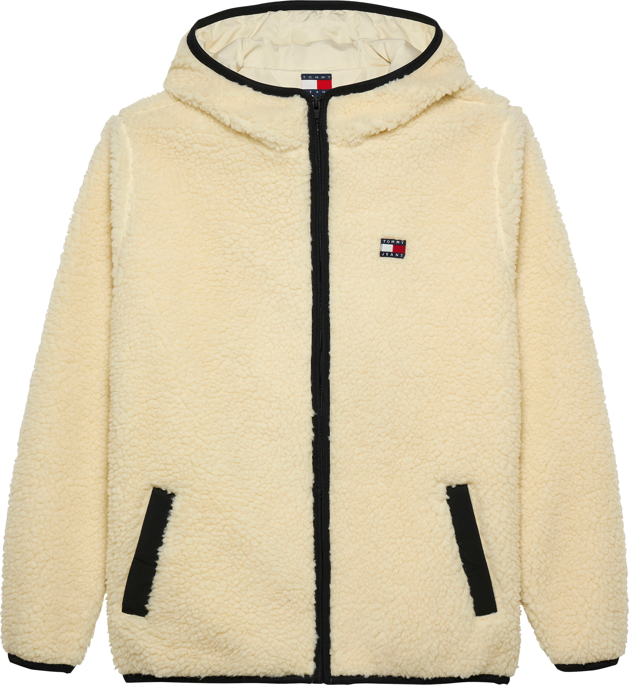 Tommy Jeans Plüschjacke »TJM REG BADGE TEDDY ZIP TRU EXT«, mit Kapuze, mit Logopatch, leicht überschnittene Schultern