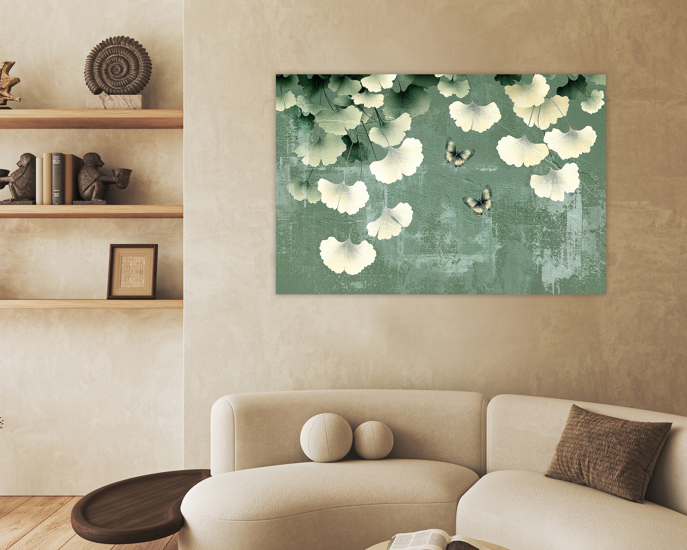 queence Leinwandbild »Gingko mit Schmetterlingen, Canvas Bild von Hand bespannt« 1 Stk. tlg. Zeitlose Ginkgo-Motive in hellen Farben