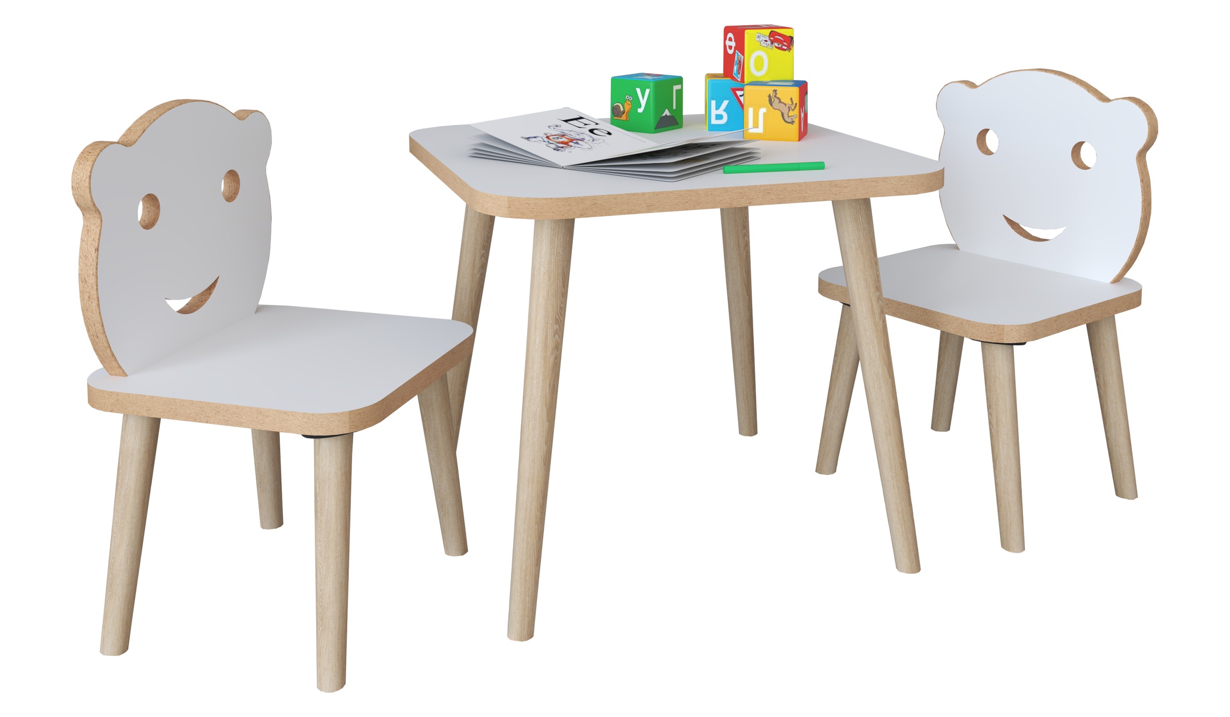 Sitzgruppe VCM, B:110cm T:50cmweiß, Obermaterial: 100% Holz Wood., Wohnzimmer, Sitzmöbel-Sets, "3tlg. Sitzgruppe Kinder Kindermöbel Tisch Stuhl"