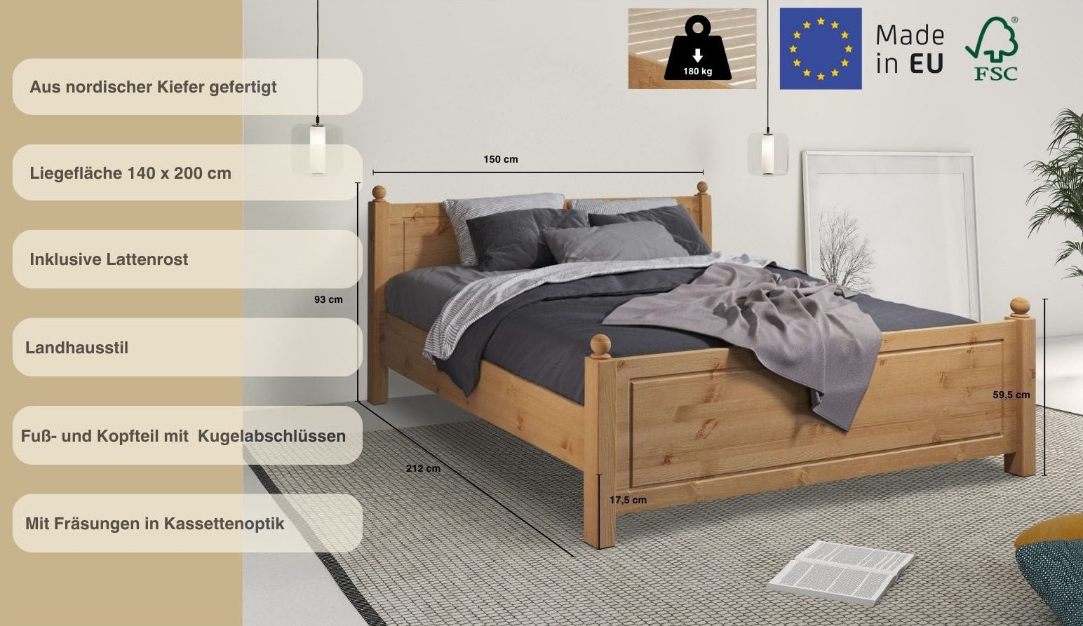 Home affaire Massivholzbett »Mila, hohe Belastbarkeit Jugendbett,! FSC® zertifiziertes Massivholz«, (Breite/Belastbarkeit 180cm/220 KG, 140cm/180 KG, 90cm/=120 KG), aus massiver Kiefer, inklusive Lattenrost