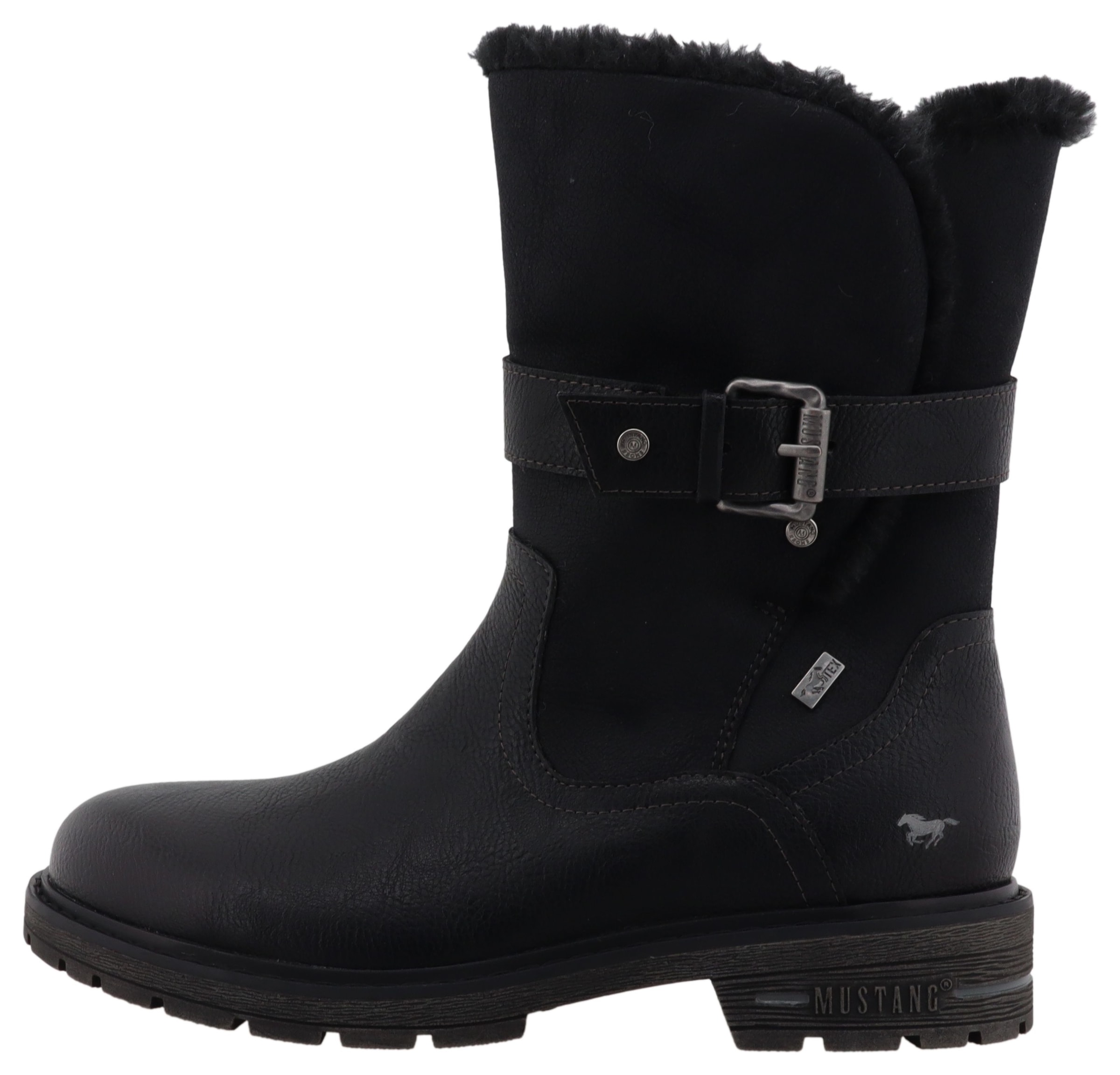 Mustang Shoes Winterstiefel »Bienke«, Biker Boots mit Blockabsatz und Zierriemchen