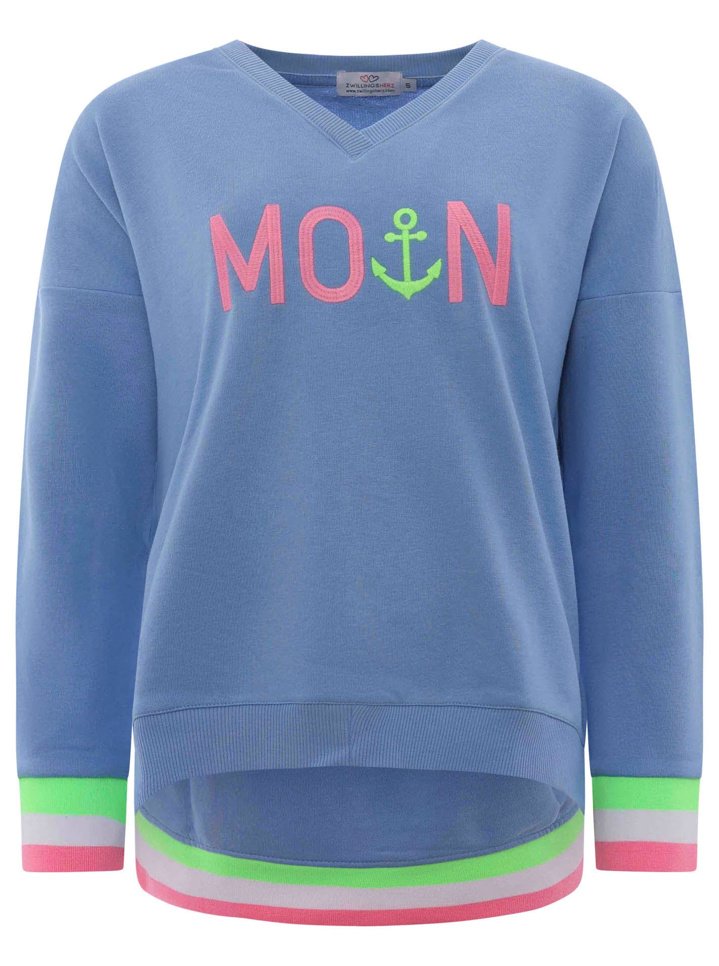 Zwillingsherz Sweatshirt, mit V-Ausschnitt und aufgesticktem "Moin" in Neonfarben