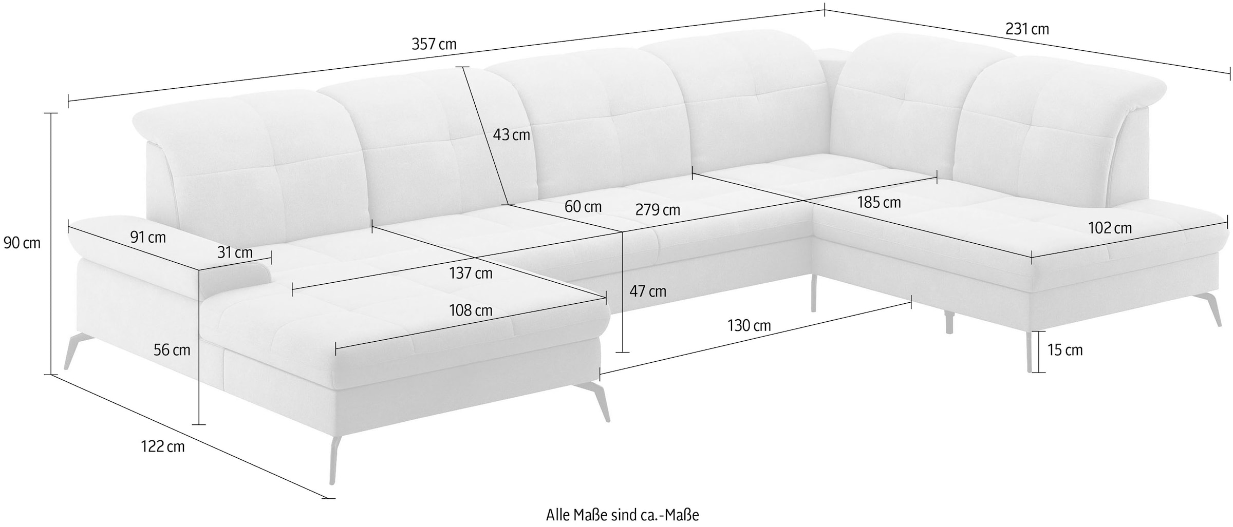 sit&more Wohnlandschaft »Amica, U-Form, inkl. Sitztiefenverstellung und Armteilverstellung«, wahlweise mit Kopfteilverstellung, Bettfunktion und Bettkasten