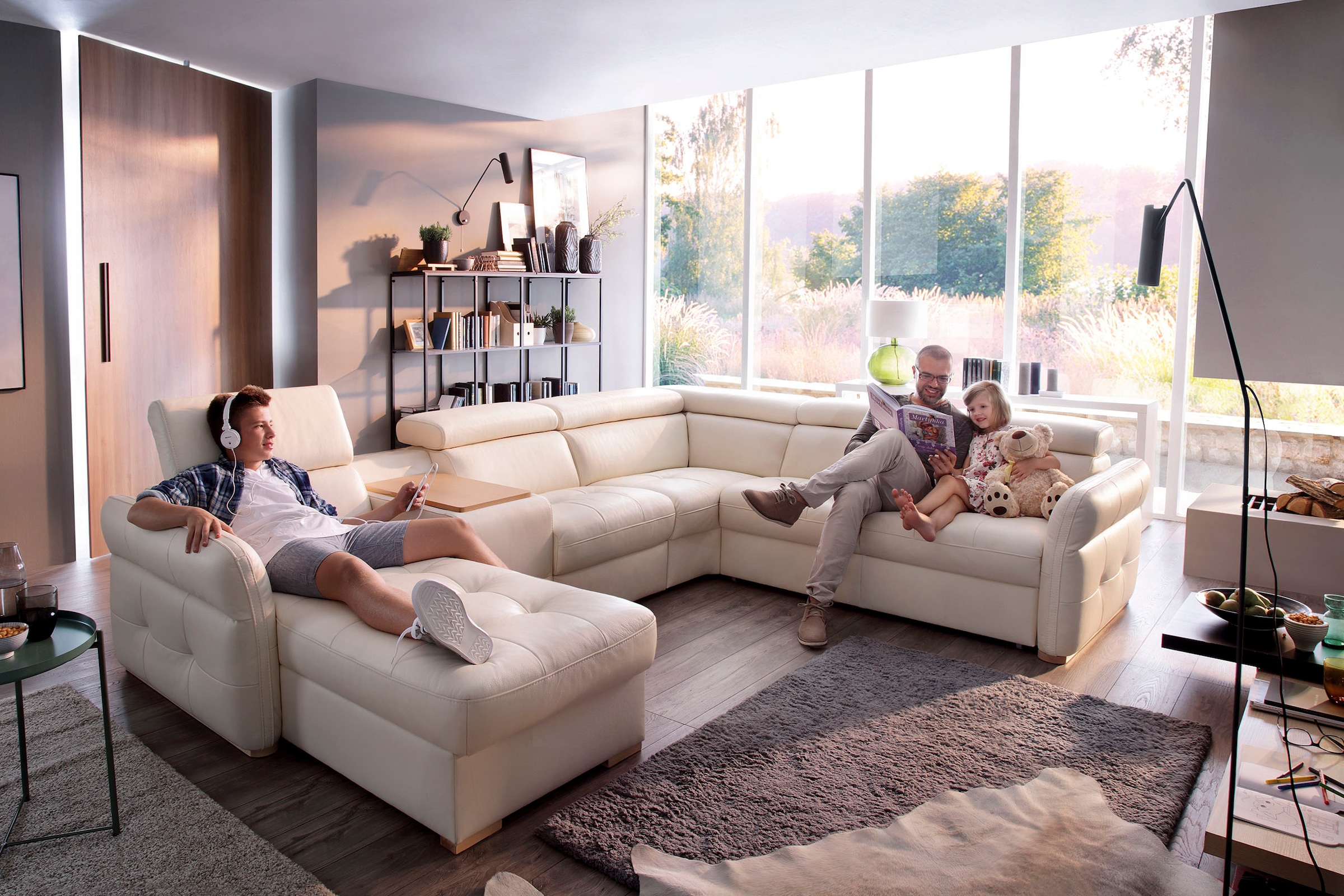 exxpo - sofa fashion Wohnlandschaft »Massimo, Familien Sofa mit viel Platz, Lederbezug, bequem, komfortabel«, U-Form, inkl. Bettfunktion, Bettkasten, elektr. Relaxfunktion