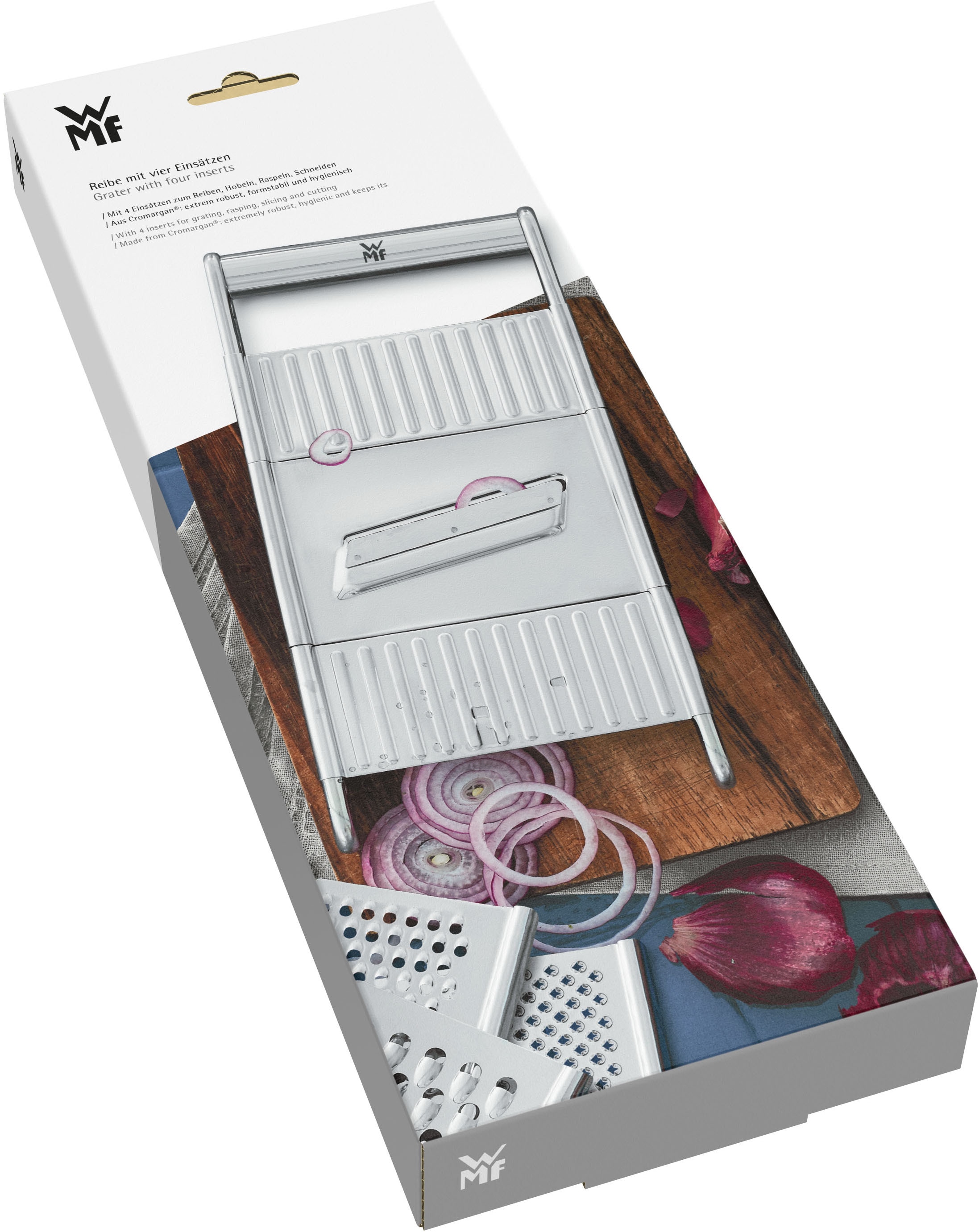 WMF Multireibe »Gourmet«, (Set, 5 St.), 4 Einsätze, Hobeln, Raspeln, Reiben, Schneiden, Cromargan Edelstahl