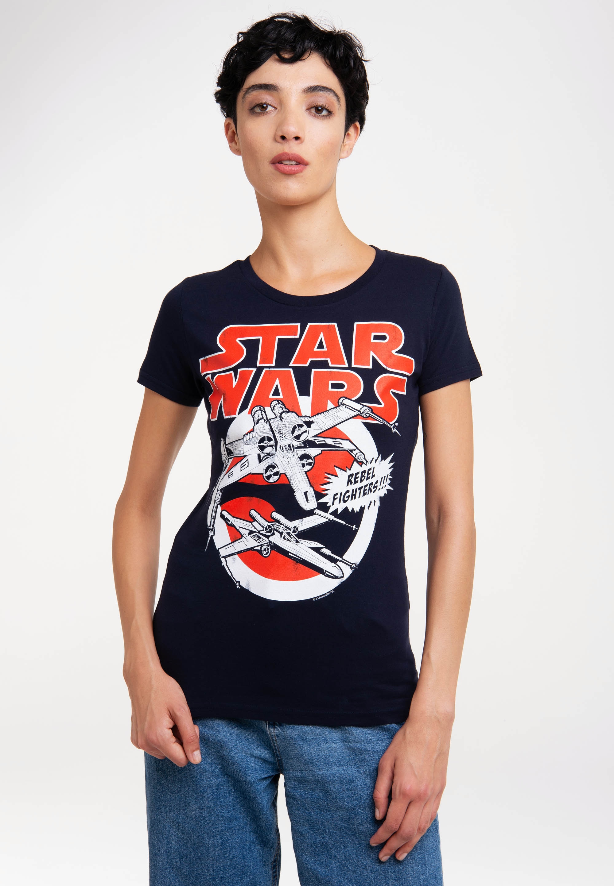 LOGOSHIRT T-Shirt »X-Wings - Krieg der Sterne - Star Wars«, mit auffälligem Retro-Frontprint