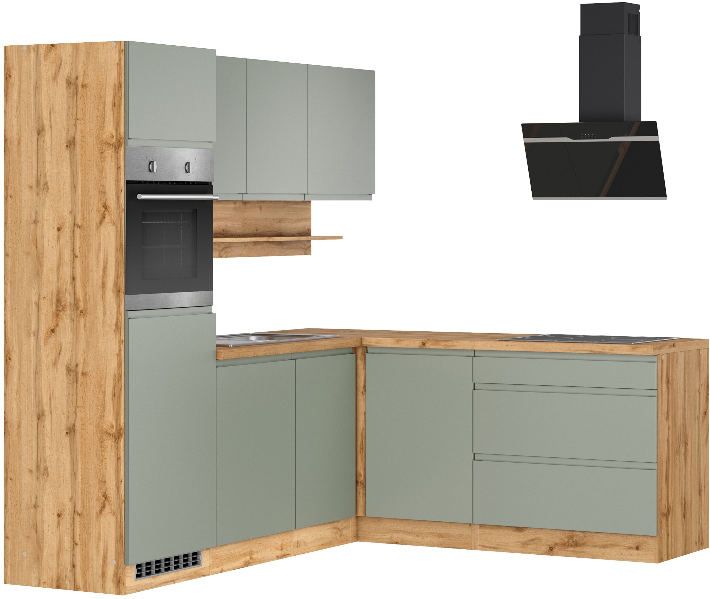 KOCHSTATION Winkelküche "KS-Virginia,neu in verbesserter Ausführung" Arbeitsplatte 38 mm stark, Stauraum, Softclose, Stellbreite 230/190 cm, Soft-Close,wahlweise mit E-Geräten