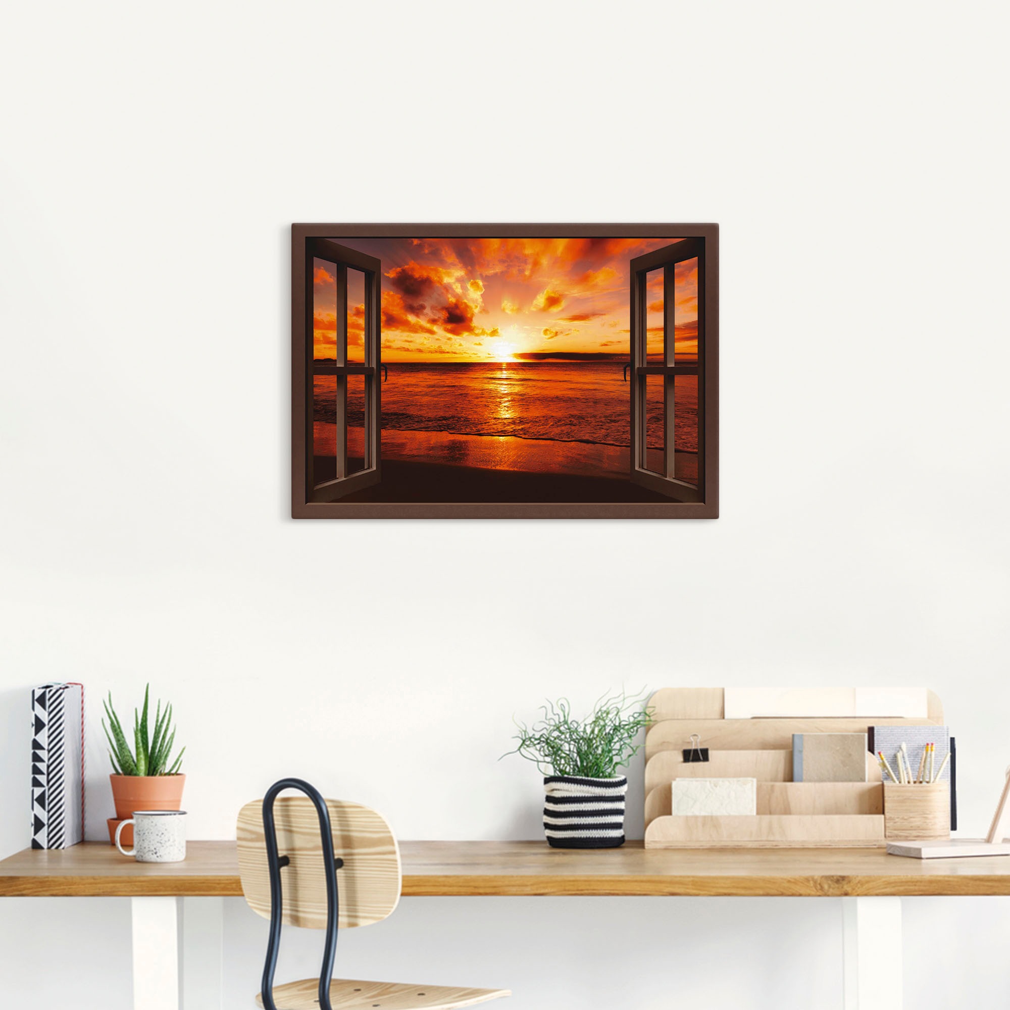 Artland Wandbild »Fensterblick Sonnenuntergang am Strand«, Fensterblick, (1 St.), als Leinwandbild, Poster, Wandaufkleber in verschied. Größen