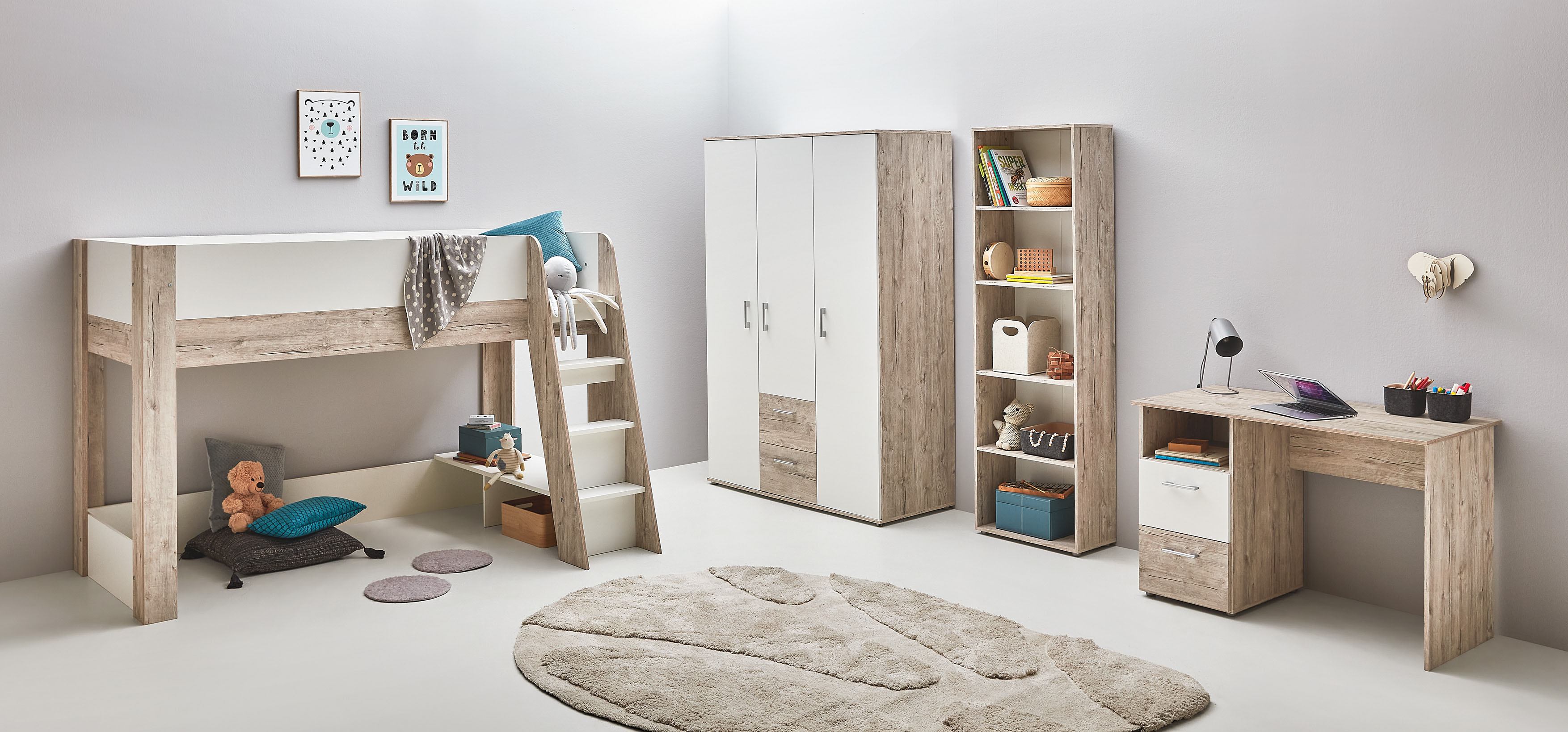 OTTO home Jugendzimmer-Set "Set "Riekke", viel Stauraum" Spar-Set, Kleiderschrank 3 türig, Hochbett, Standregal, Schreibtisch, 4 Stk. tlg. Hochbett, Etagenbett, Ablagefach unter dem Bett, Blauer Engel