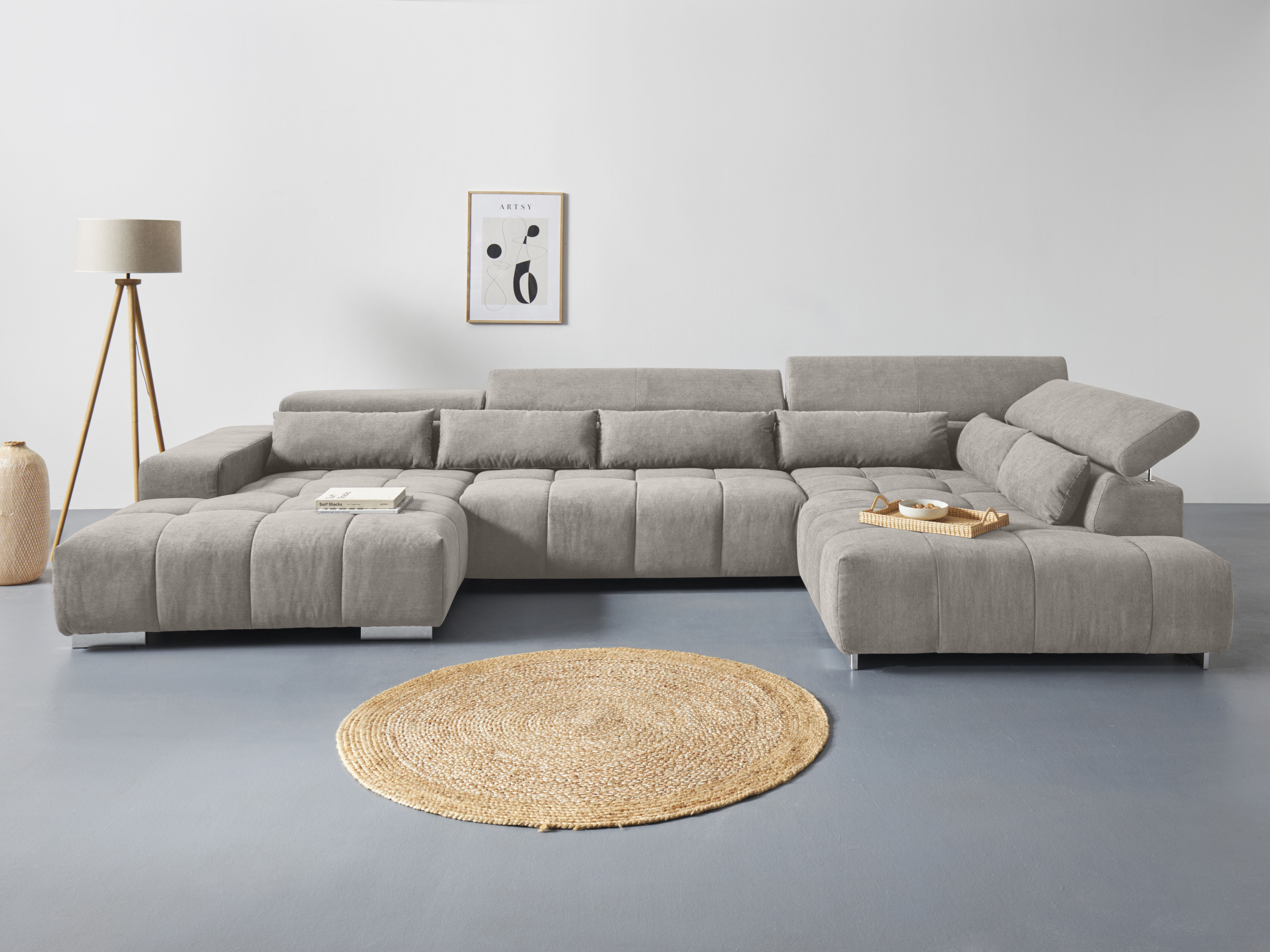 COTTA Wohnlandschaft "Orion U-Form XXL, B: 409 cm, bequeme Wellenunterfederung, top modern" mit Kopfteilverstellung & 6 Nierenkissen