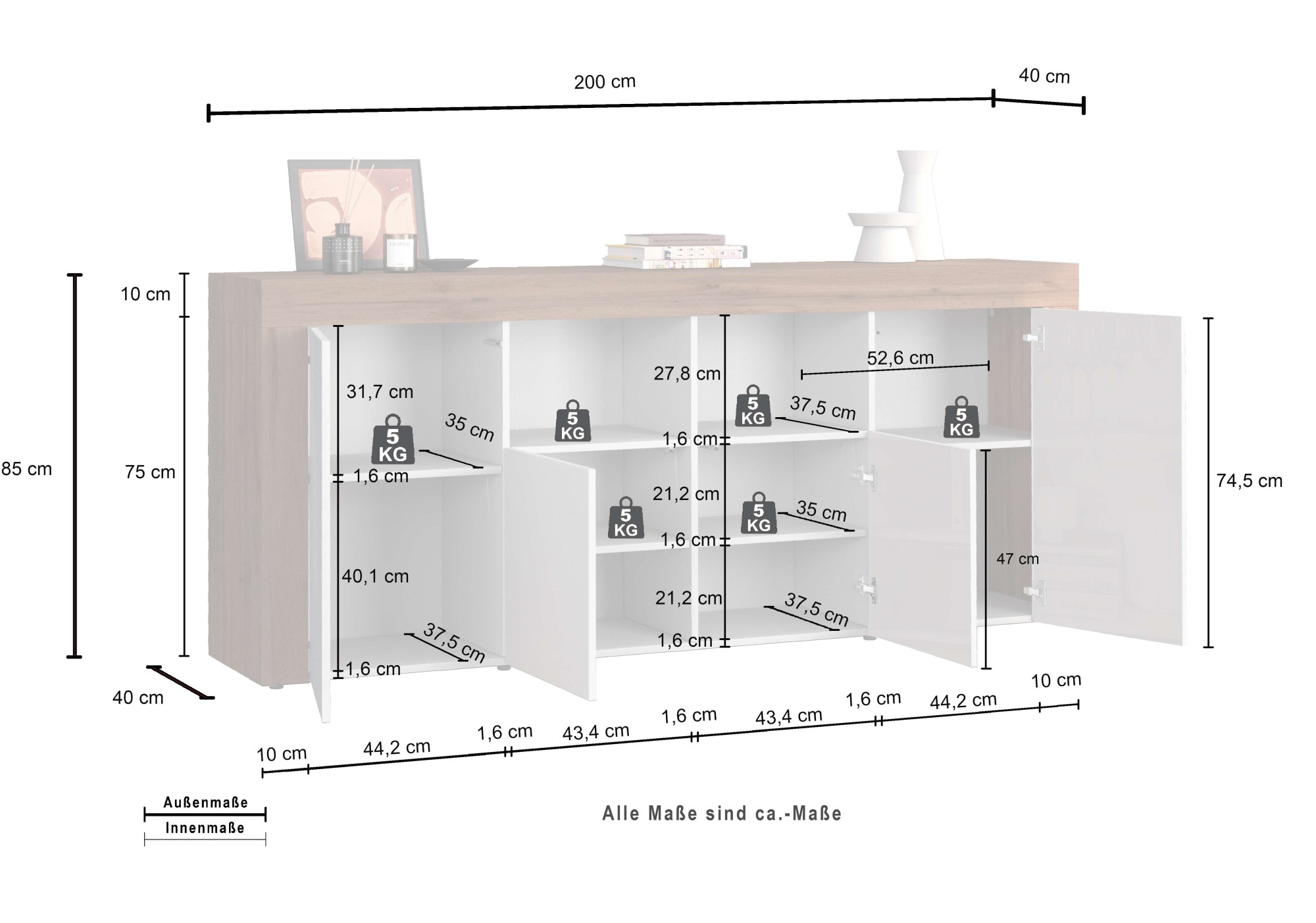 INOSIGN Sideboard »CHRONOS Breite 200 cm mit 4 Türen, 2 offene und 8 geschlossene Fächer«, (1 St.), Sideboard,Kommode, Schrank, Grifflos mit Push to Open, Made in Italy