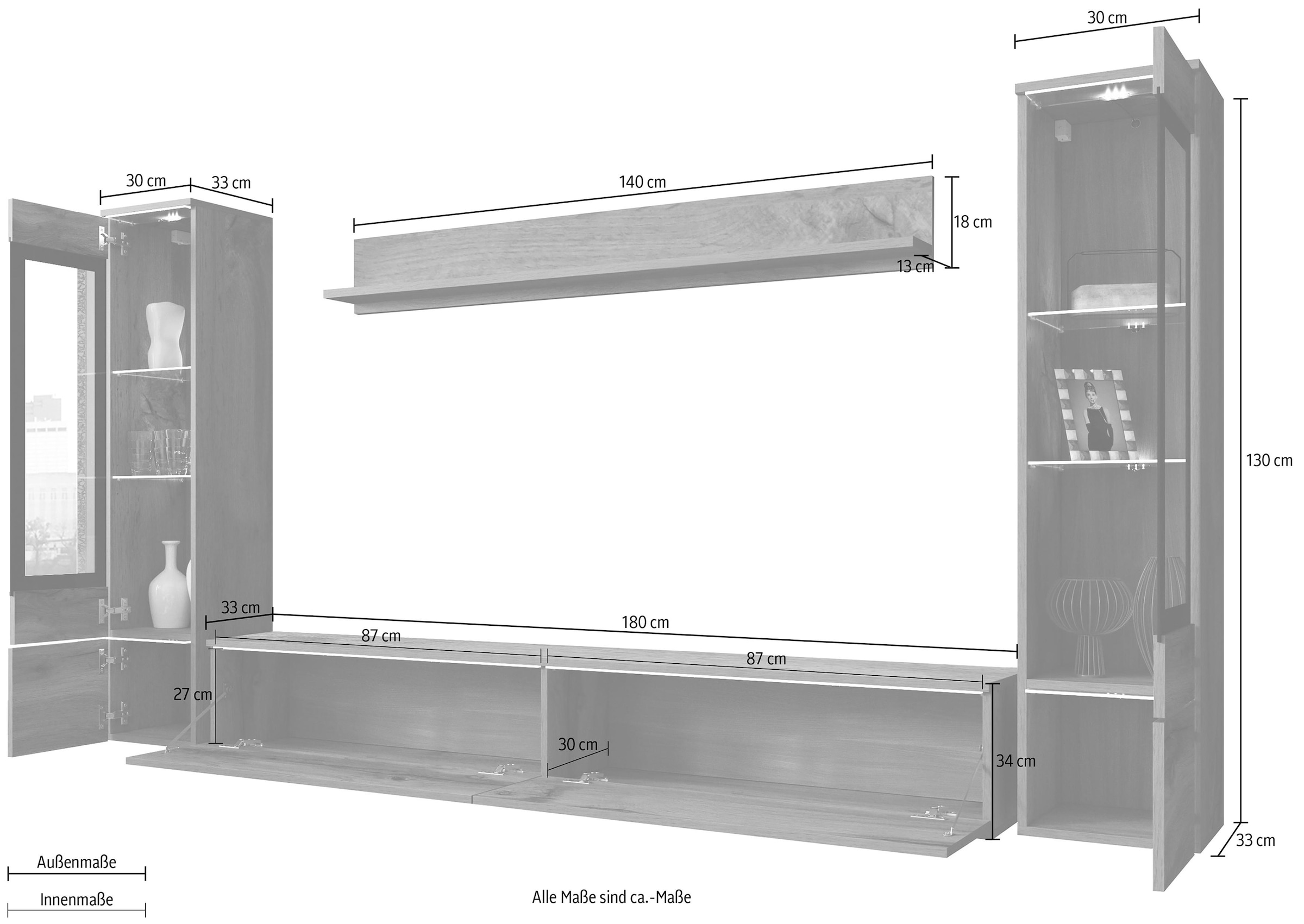 INOSIGN Wohnwand »VERA II, Vitrinen Türanschlag wechselbar«, (Komplett-Set, 4 St.), Mediawand 260 cm, Vitrine mit Verglasung, stehend und hängend